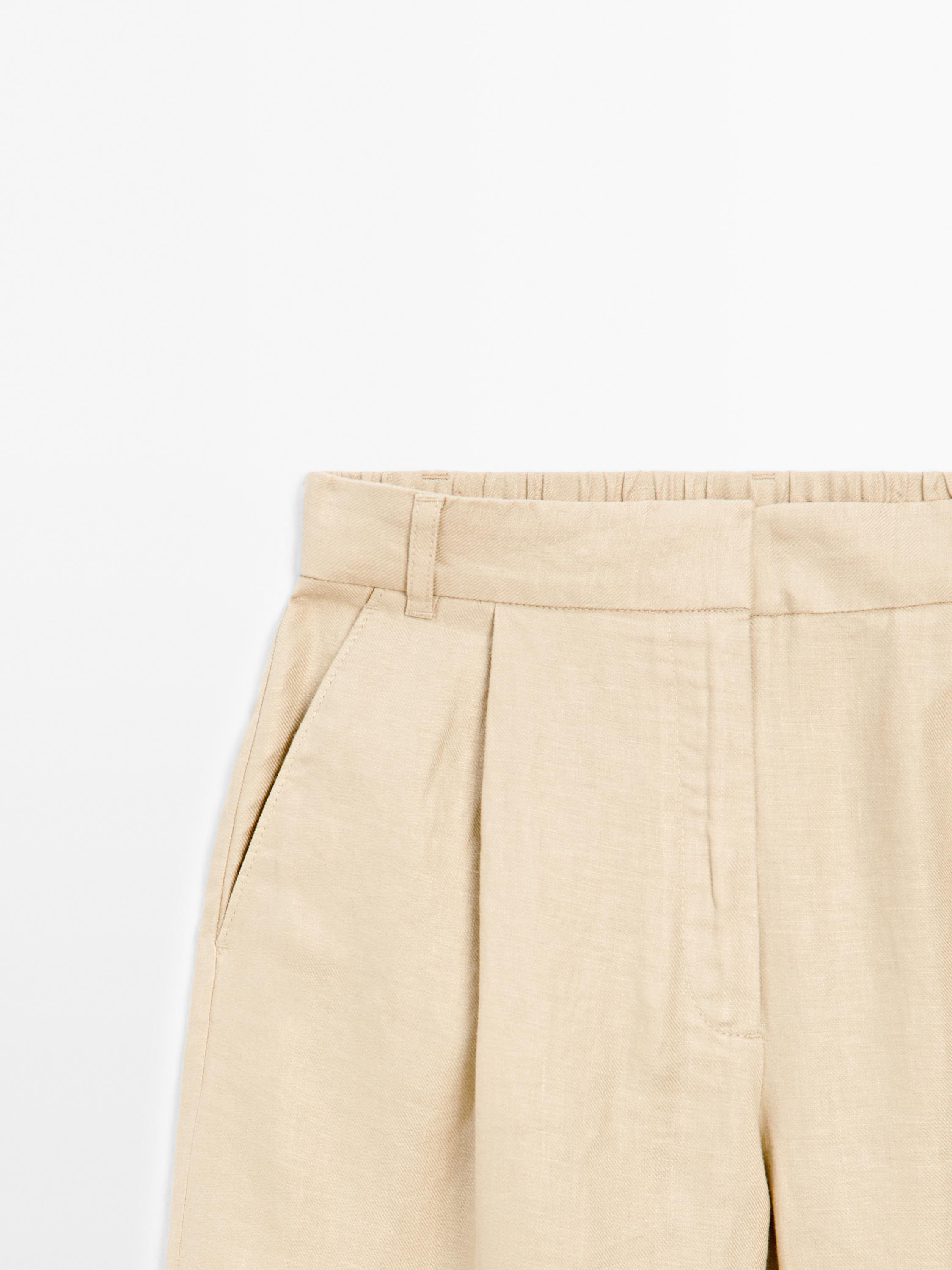 100% linen wide-leg elastic detail trousers