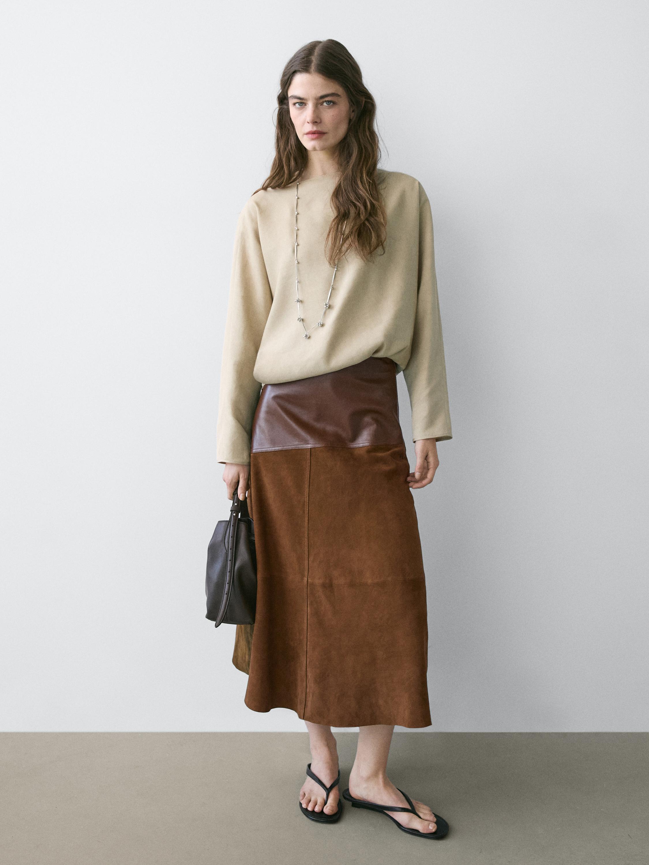 Suede nappa leather skirt with asymmetric yoke — BROWN