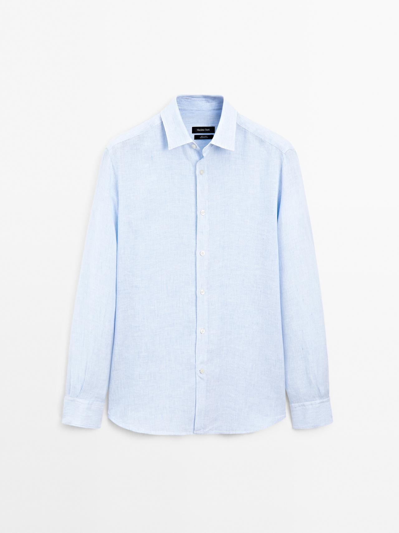 Massimo Dutti - Herre - Stribet, Slim Fit Skjorte I 100 % Hør - Himmelblå - Xxl
