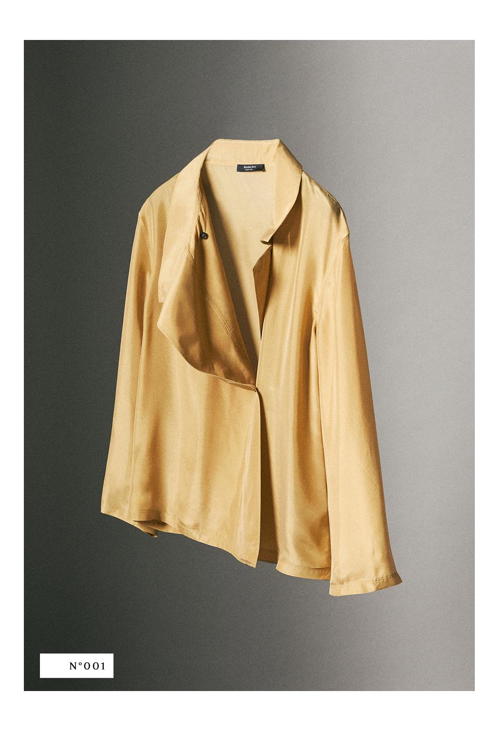 100% silk crossover mock neck shirt — MUSTARD YELLOW