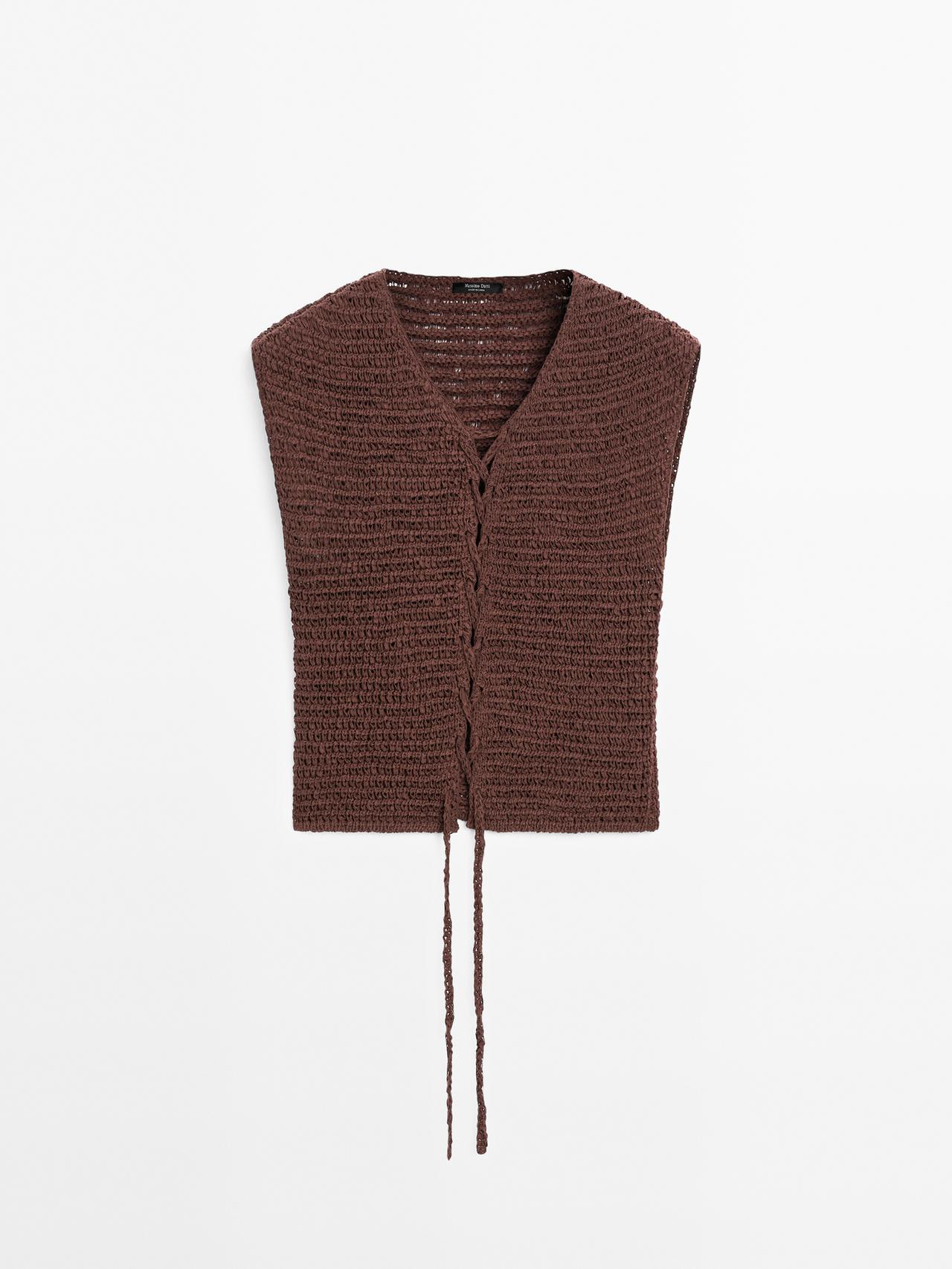 Massimo Dutti - Dame - Hæklet Vest I Bomuldsblanding Med Bindedetalje - Aubergine - S