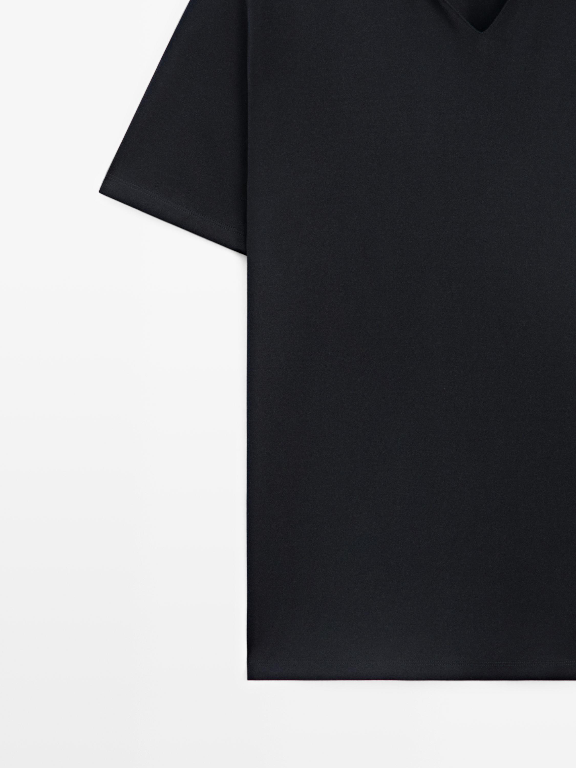 Cotton V-neck polo shirt — NAVY BLUE