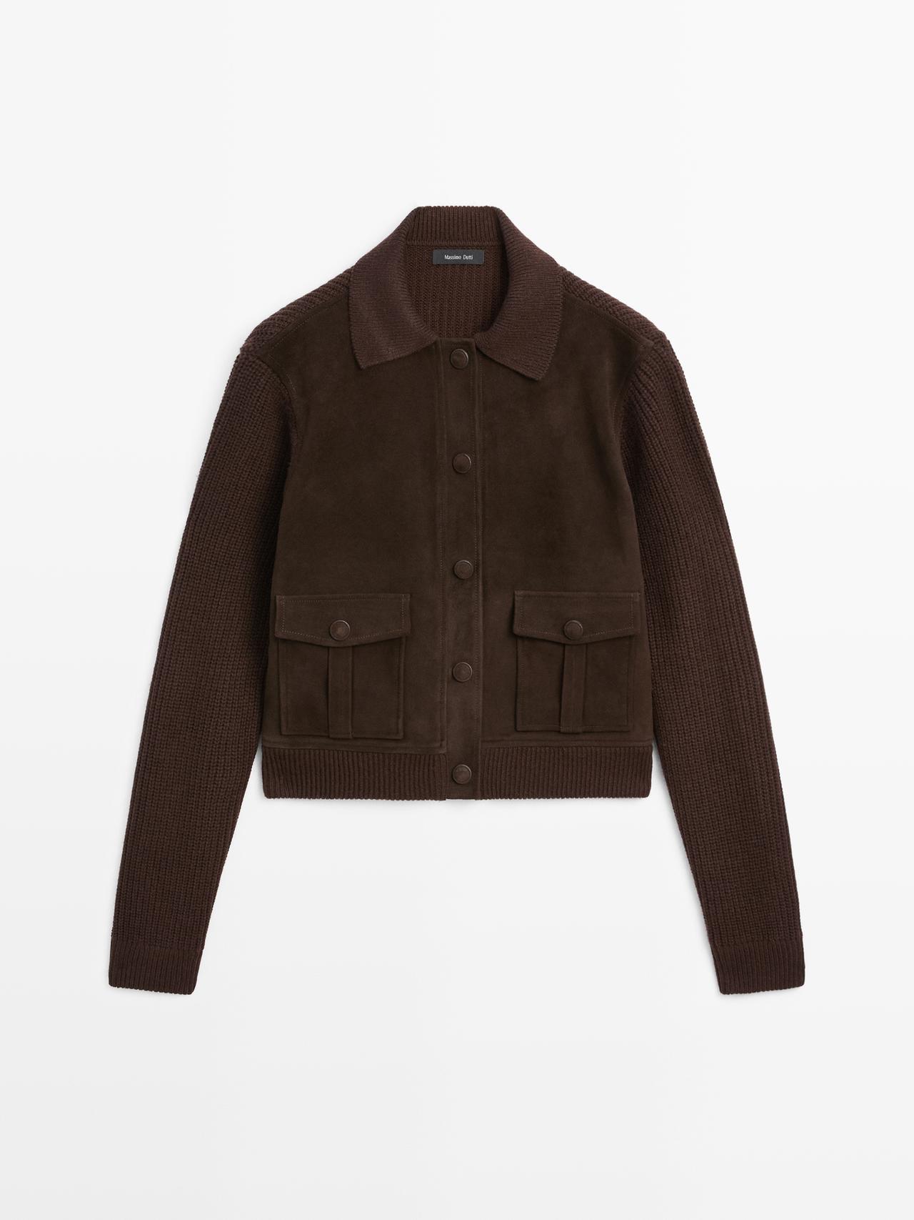 Massimo Dutti - Dame - Kort Cardigan I Strik Med Kontrast Skind - Chokolade - M