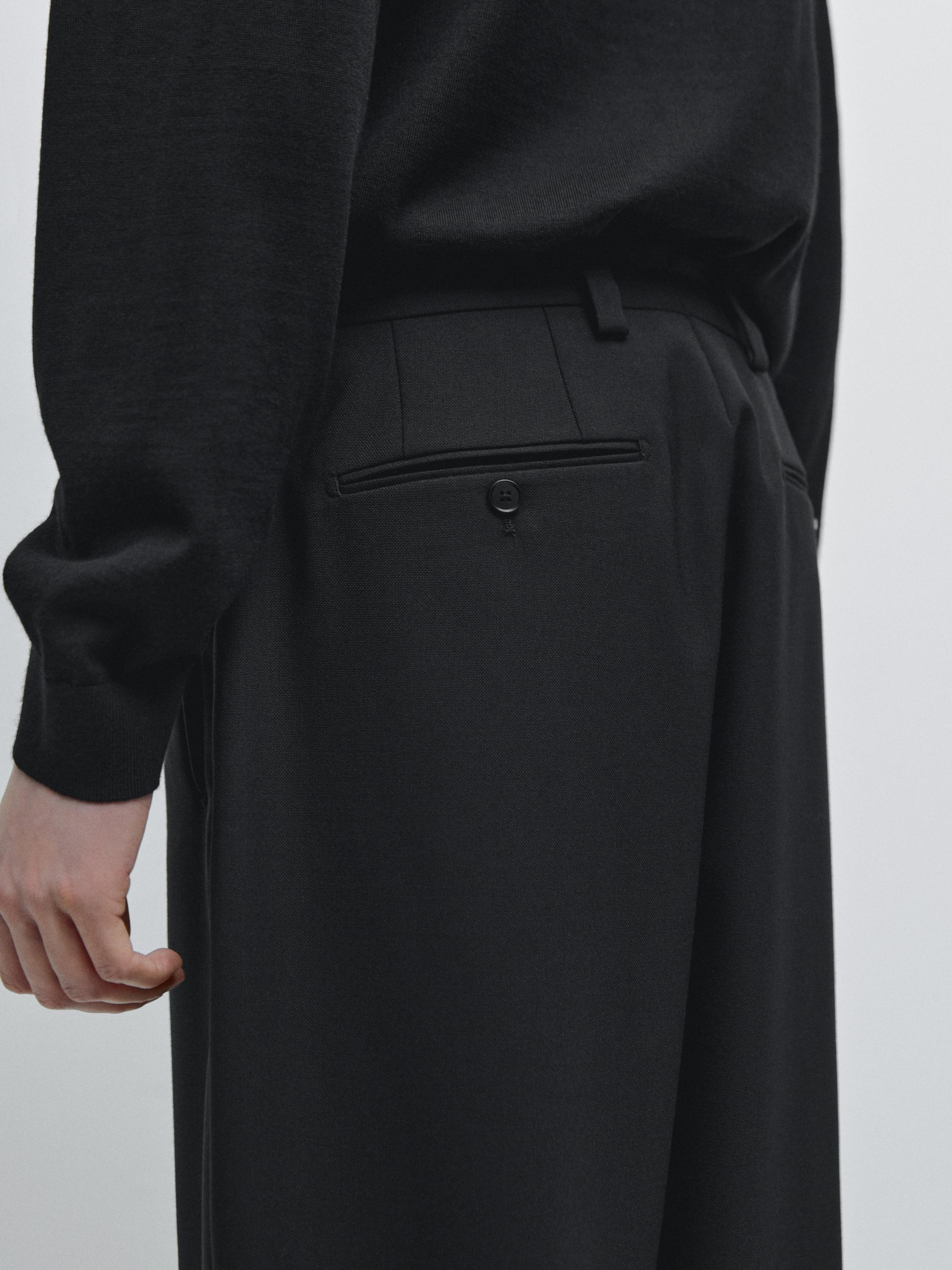 Tailored three-ply wool barrel fit trousers — BLACK