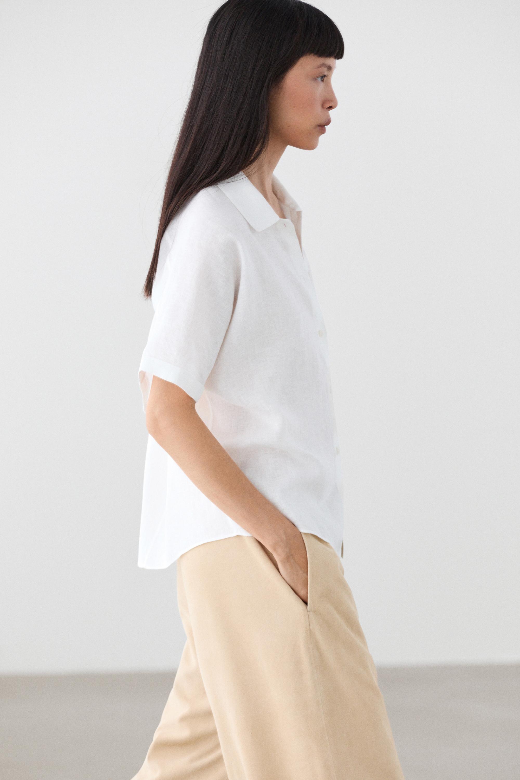 100% linen short sleeve shirt — WHITE