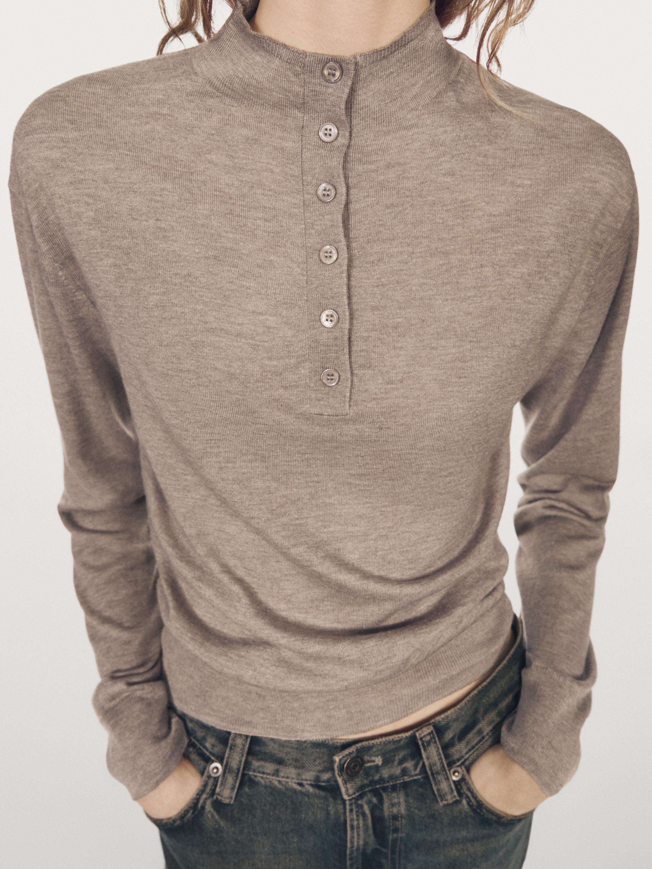 Buttoned mock turtleneck knit sweater