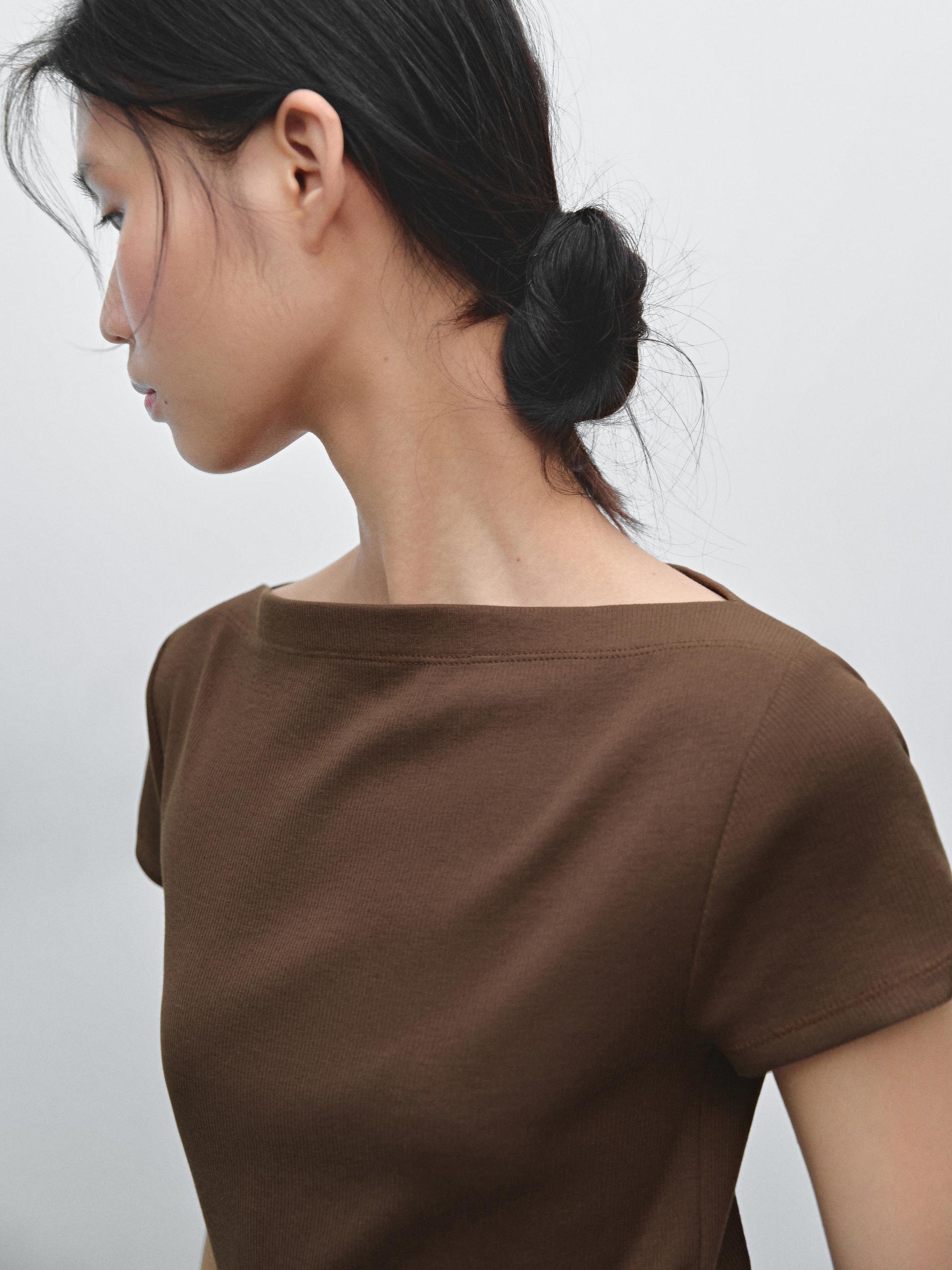 Maglietta A Costine 100% Cotone - Marrone - Xs - Massimo Dutti - Femminile