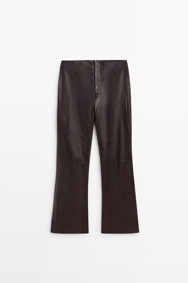 Nappa leather flare fit pants with seams — BROWN 2