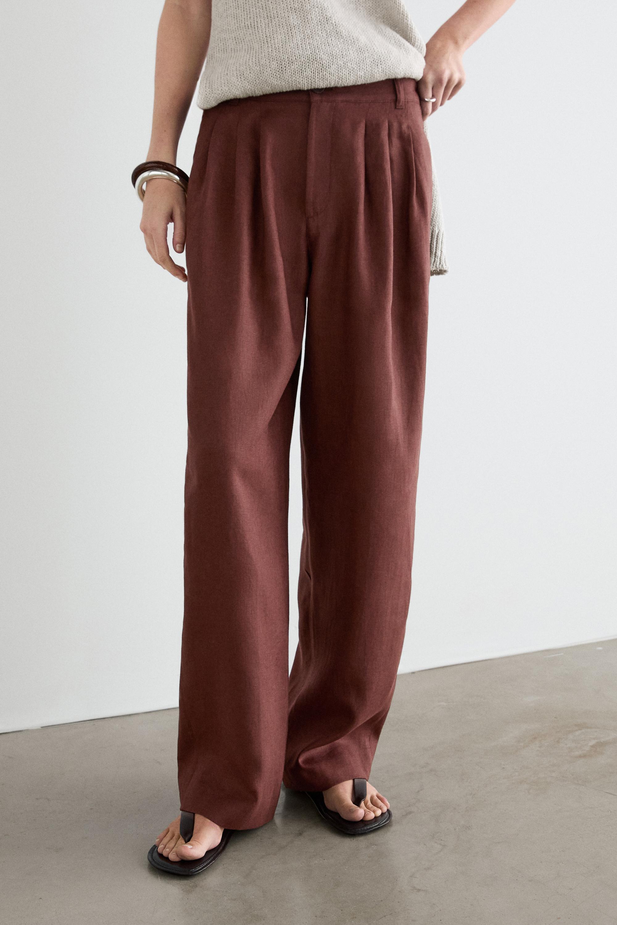 Wide-leg pleated linen trousers