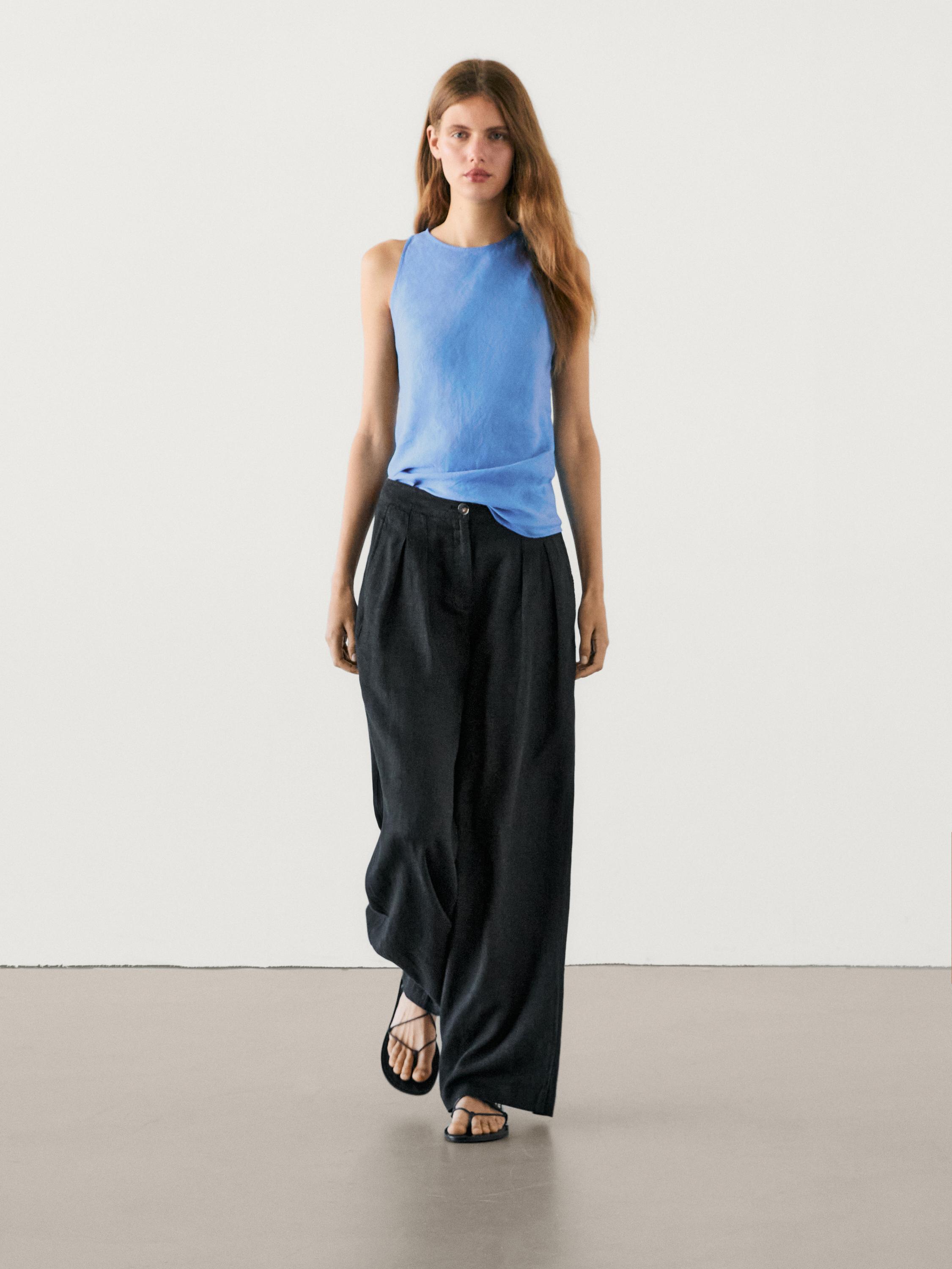 Wide-leg linen trousers with double darts