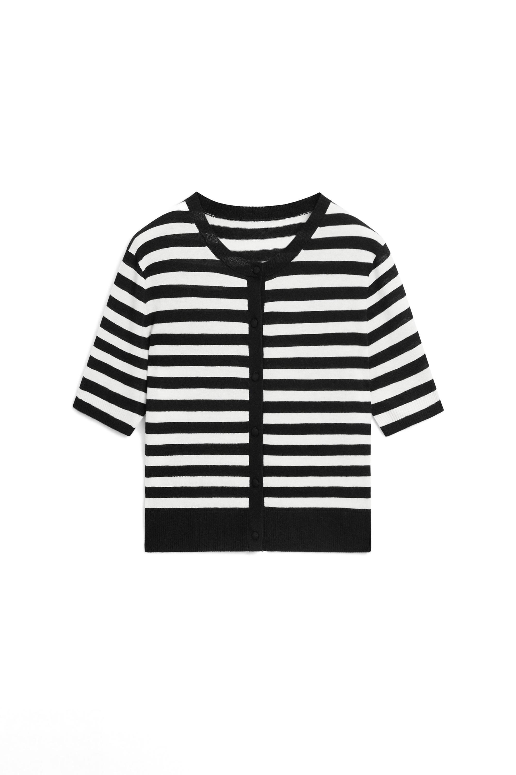 Striped short sleeve knit cardigan — BLACK