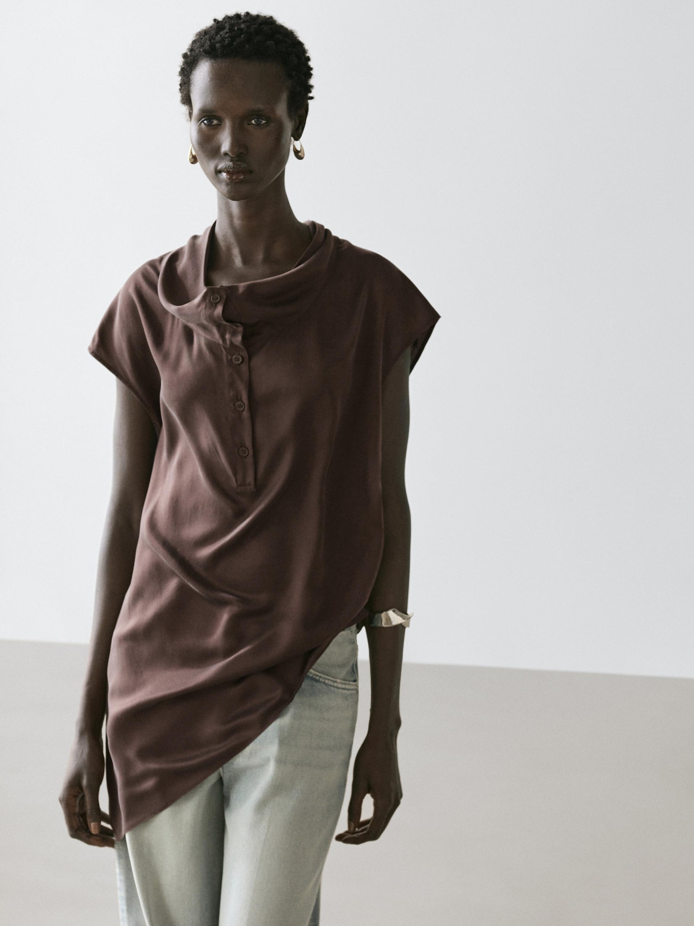 Asymmetric draped top — BROWN