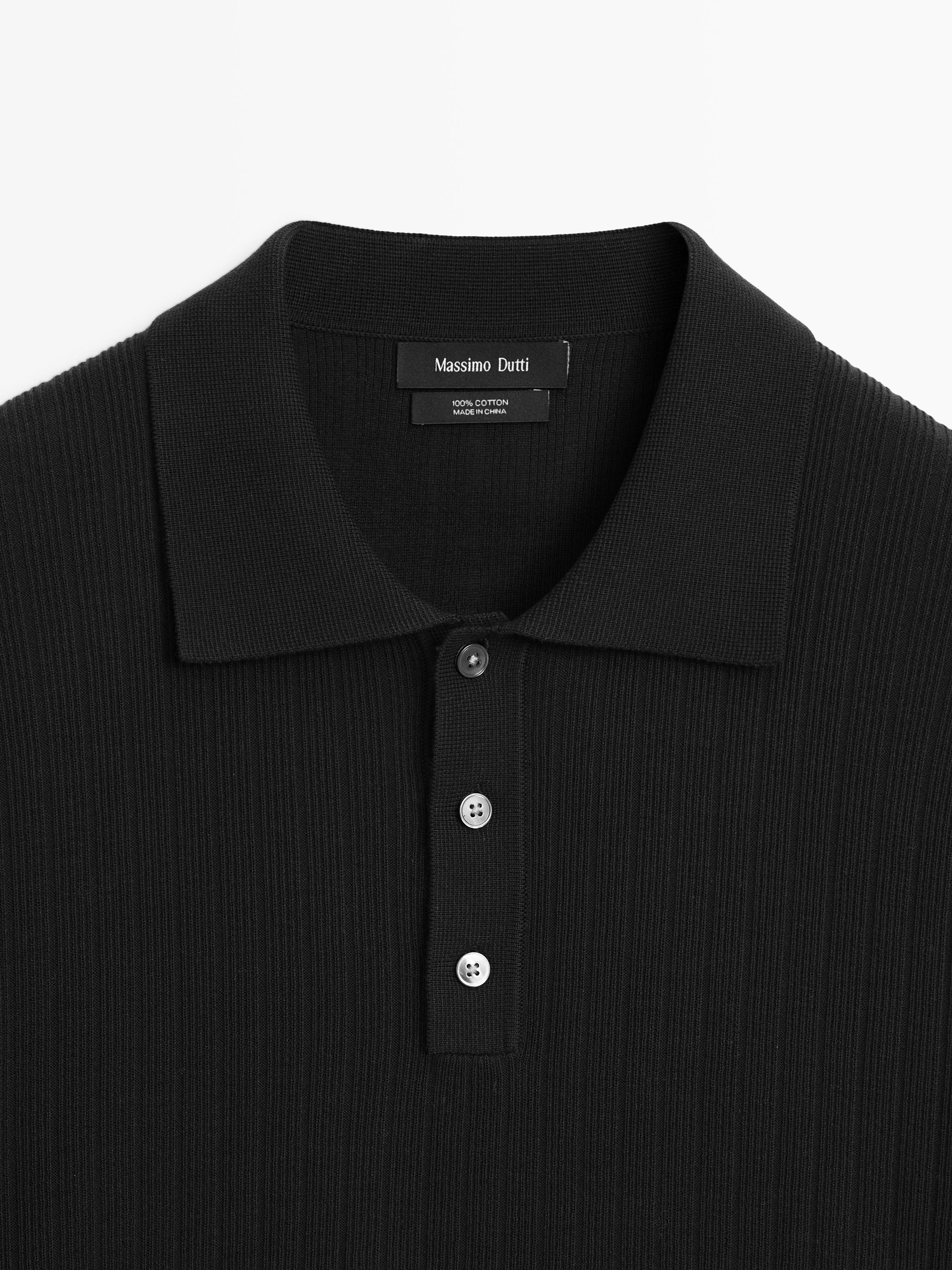 Ribbed knit cotton polo shirt — BLACK