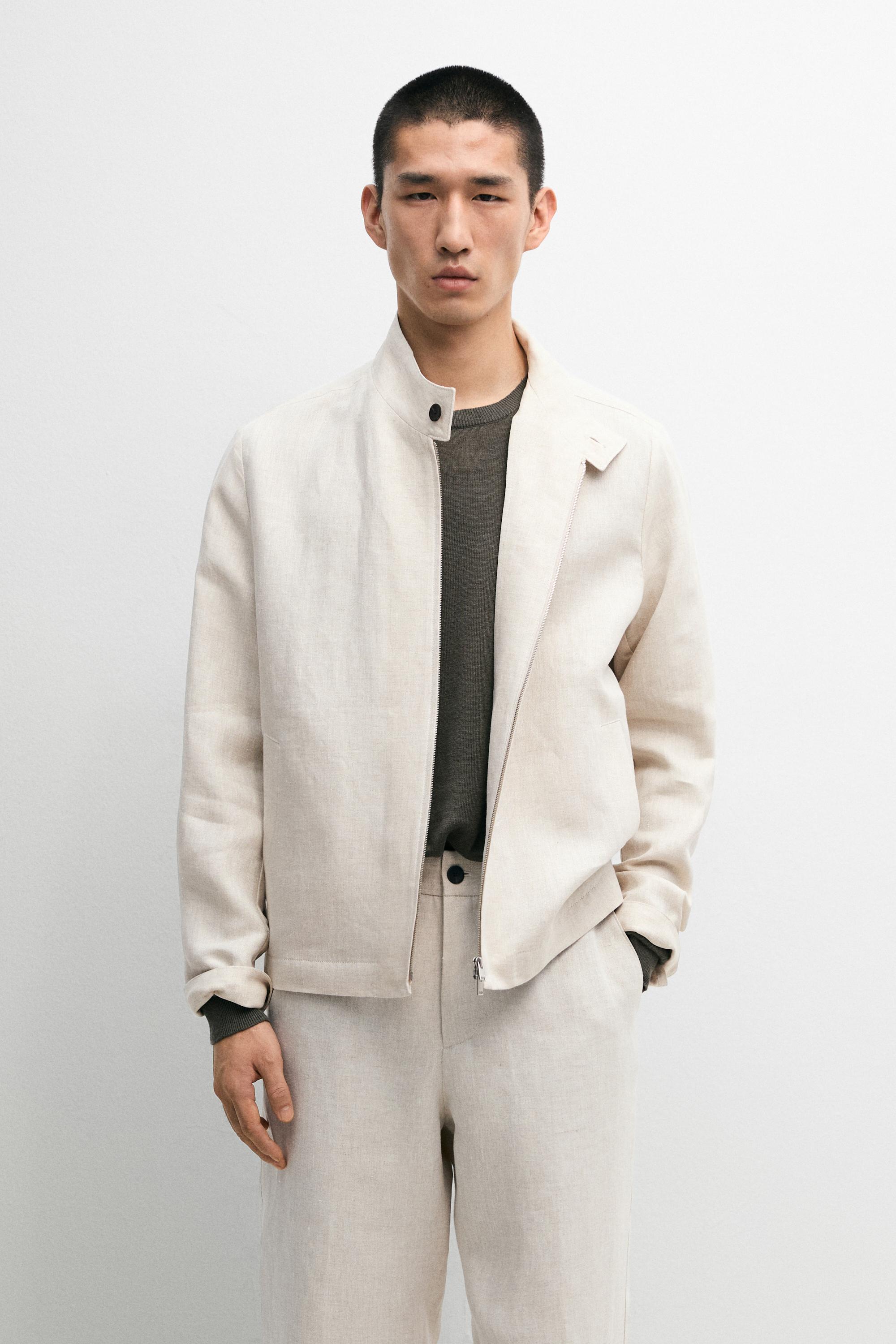 Short linen jacket with herringbone detail — BEIGE
