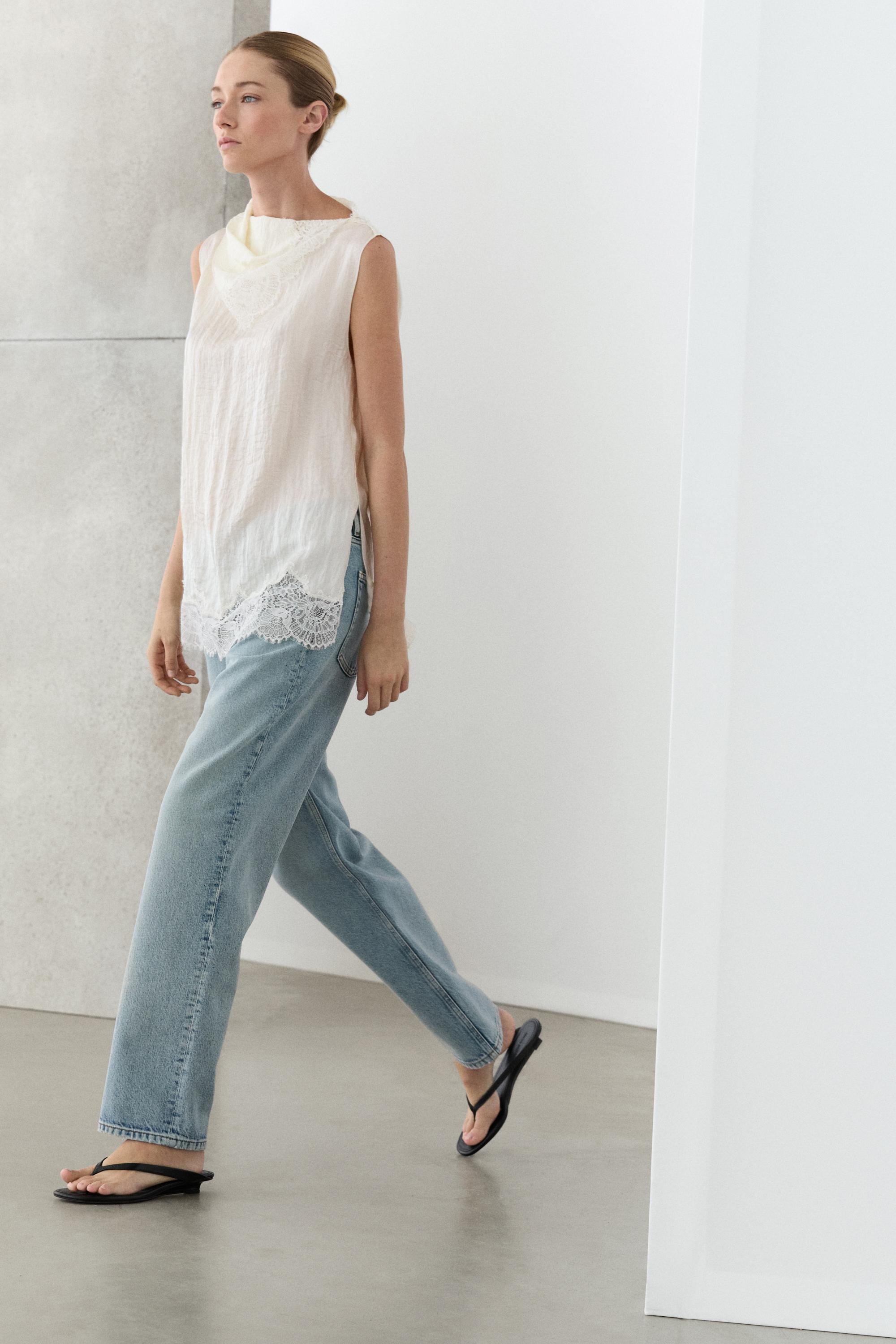 Asymmetric roll neck top with lace detail — CREAM