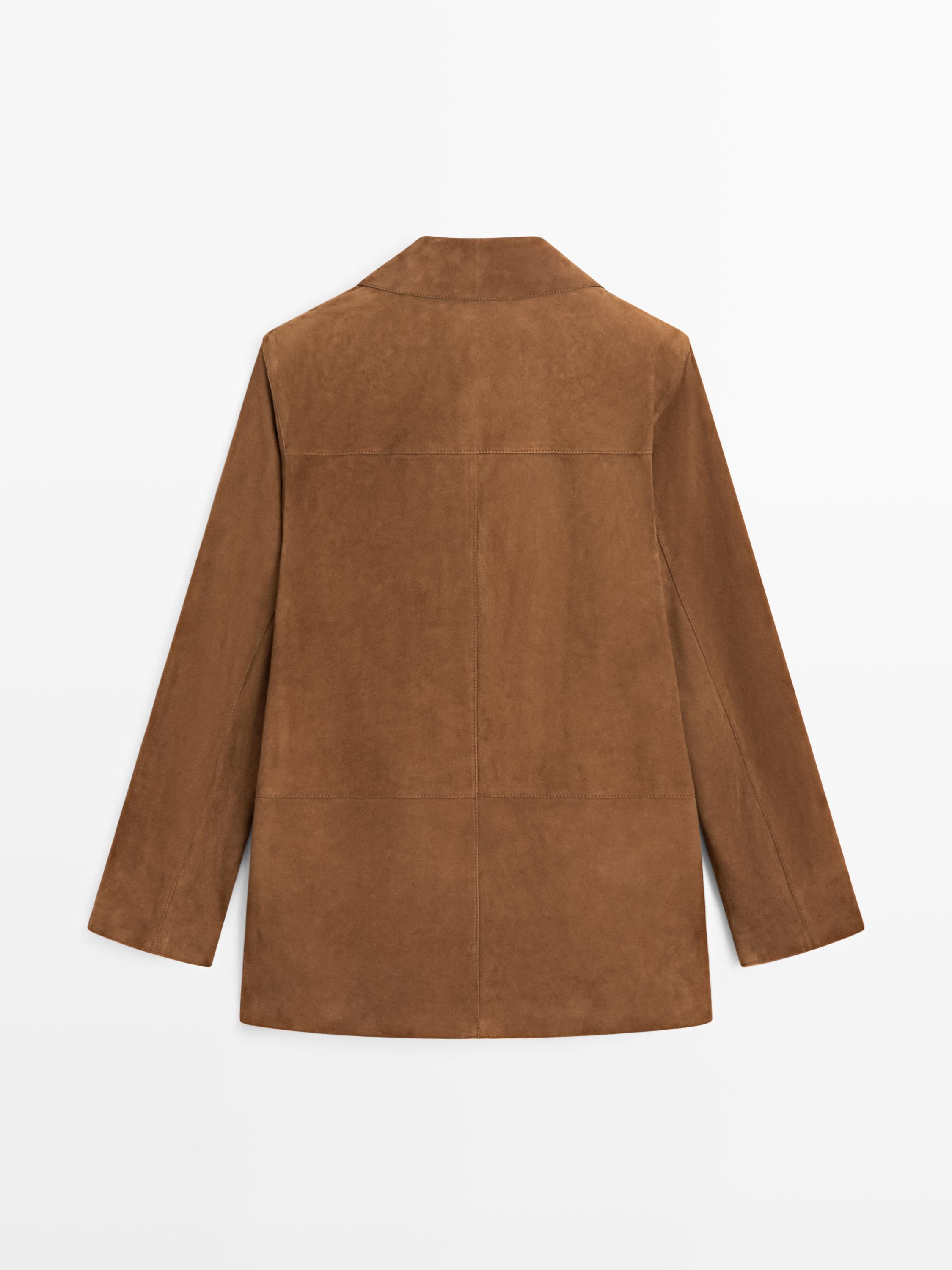 100% suede leather blazer with lapel collar — BROWN
