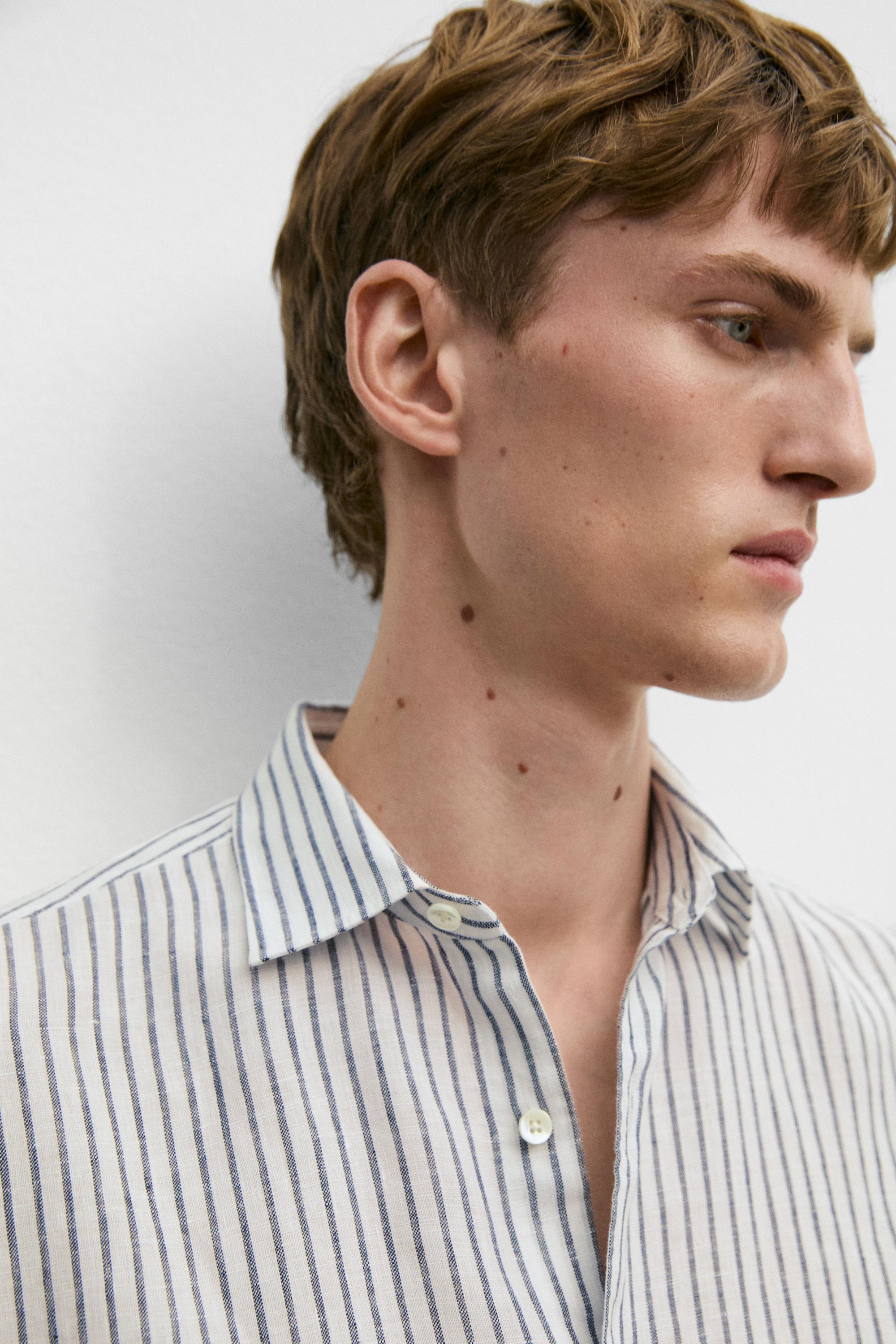 Regular fit 100% linen striped shirt — NAVY BLUE