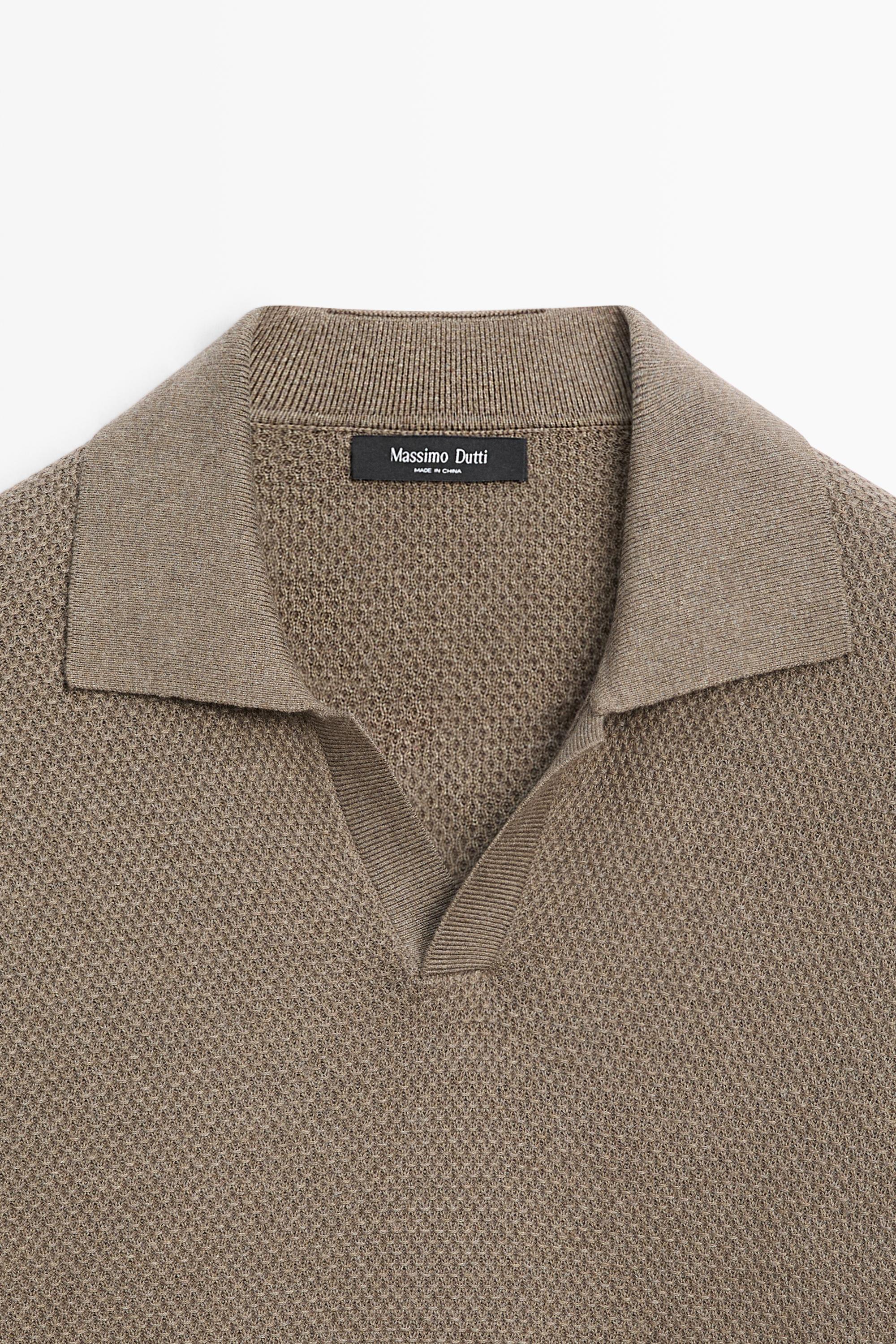 Cotton blend knit V-neck polo shirt — KHAKI