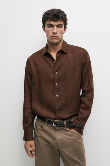 Regular fit 100% linen shirt — Chocolate 3