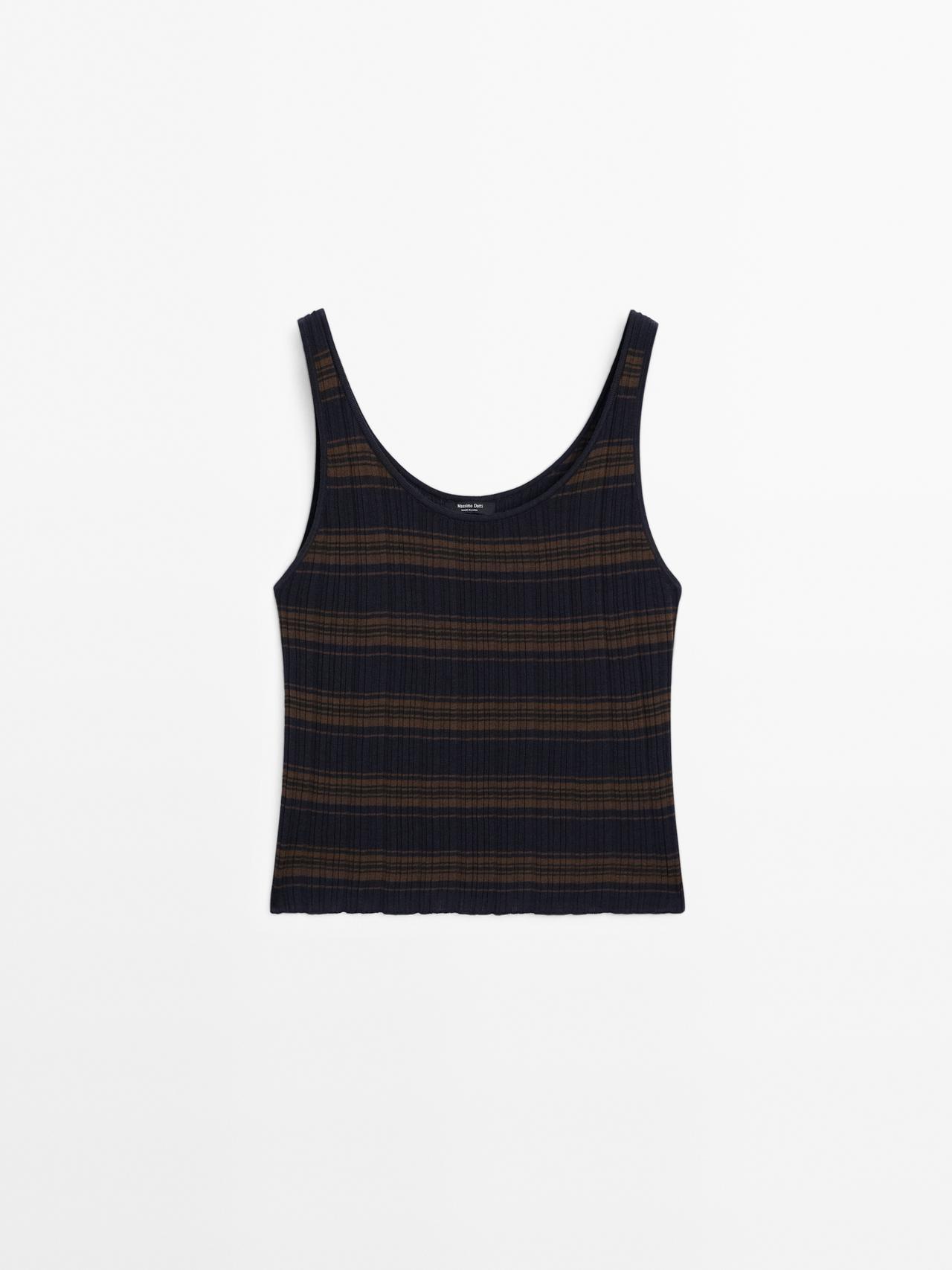Massimo Dutti - Dame - Stribet Top I Strik Af 100 % Bomuld - Marineblå - S