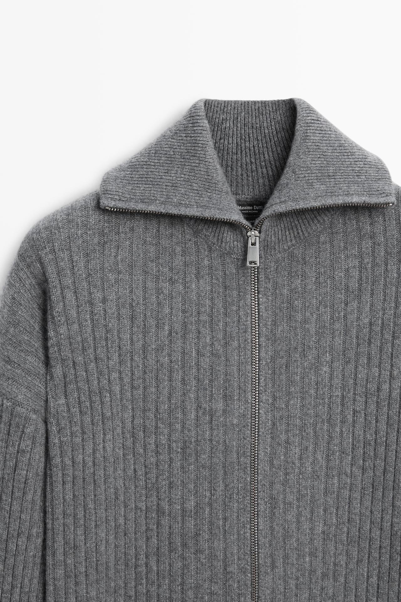 100% Cashmere Ribbed Knit Cardigan — GREY