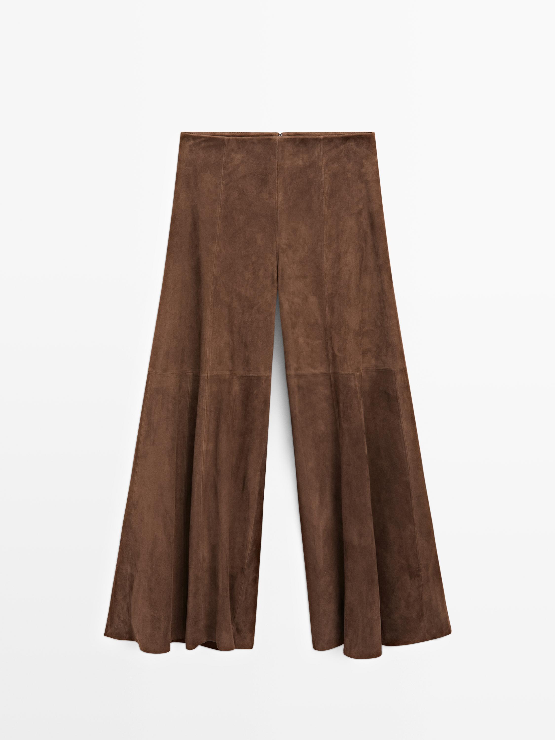 Suede leather flared trousers — BROWN