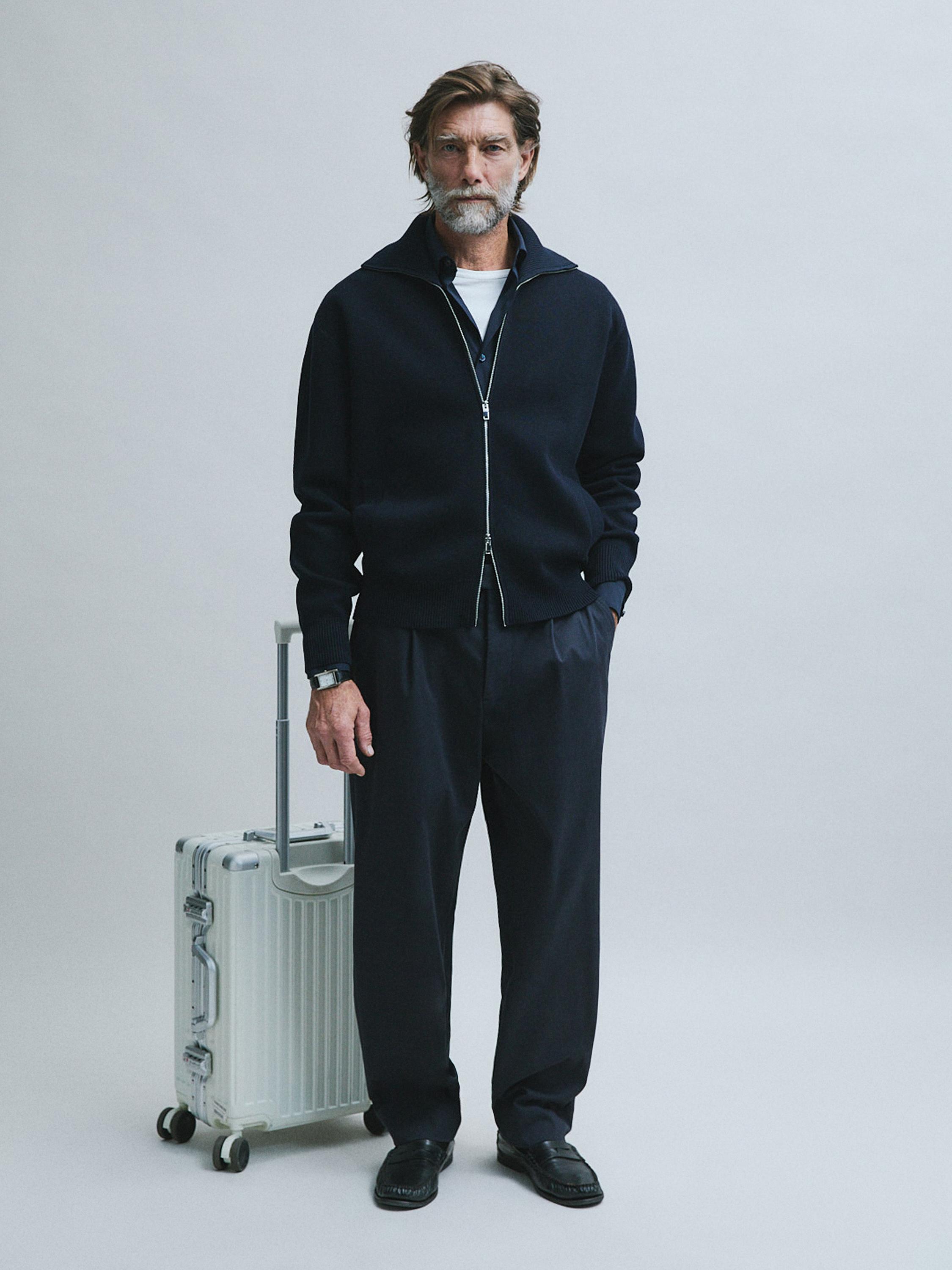 100% cotton zip-up knit cardigan — NAVY BLUE