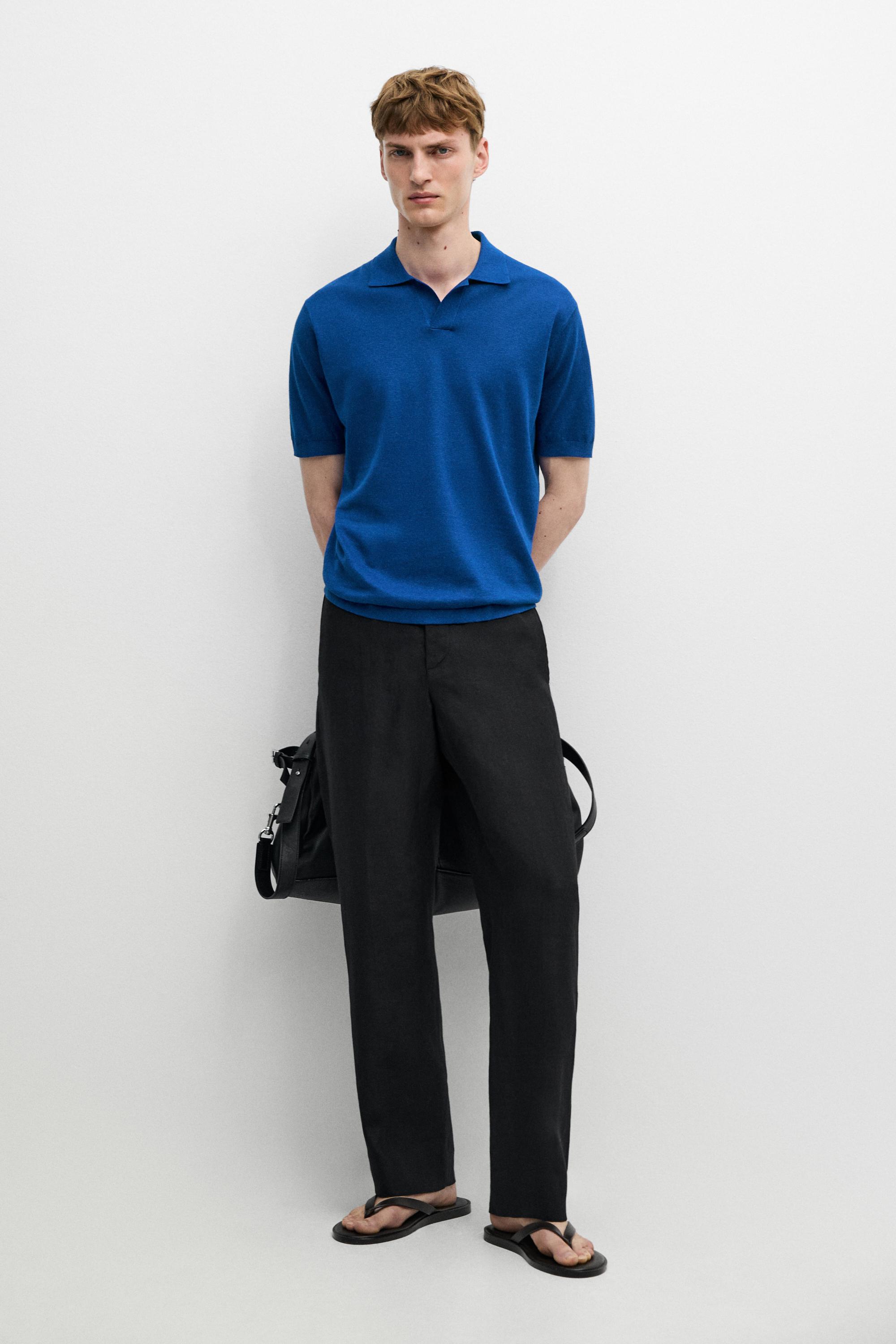 Cotton and linen knit polo sweater — Blue
