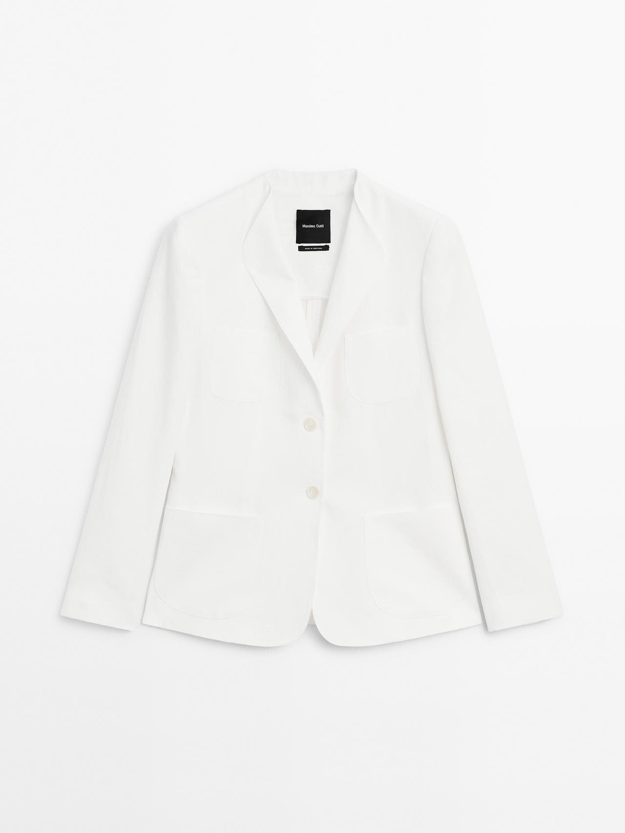 Massimo Dutti - Dame - Blazer I 100 % Hør Med Reversdetalje - Råhvid - 40