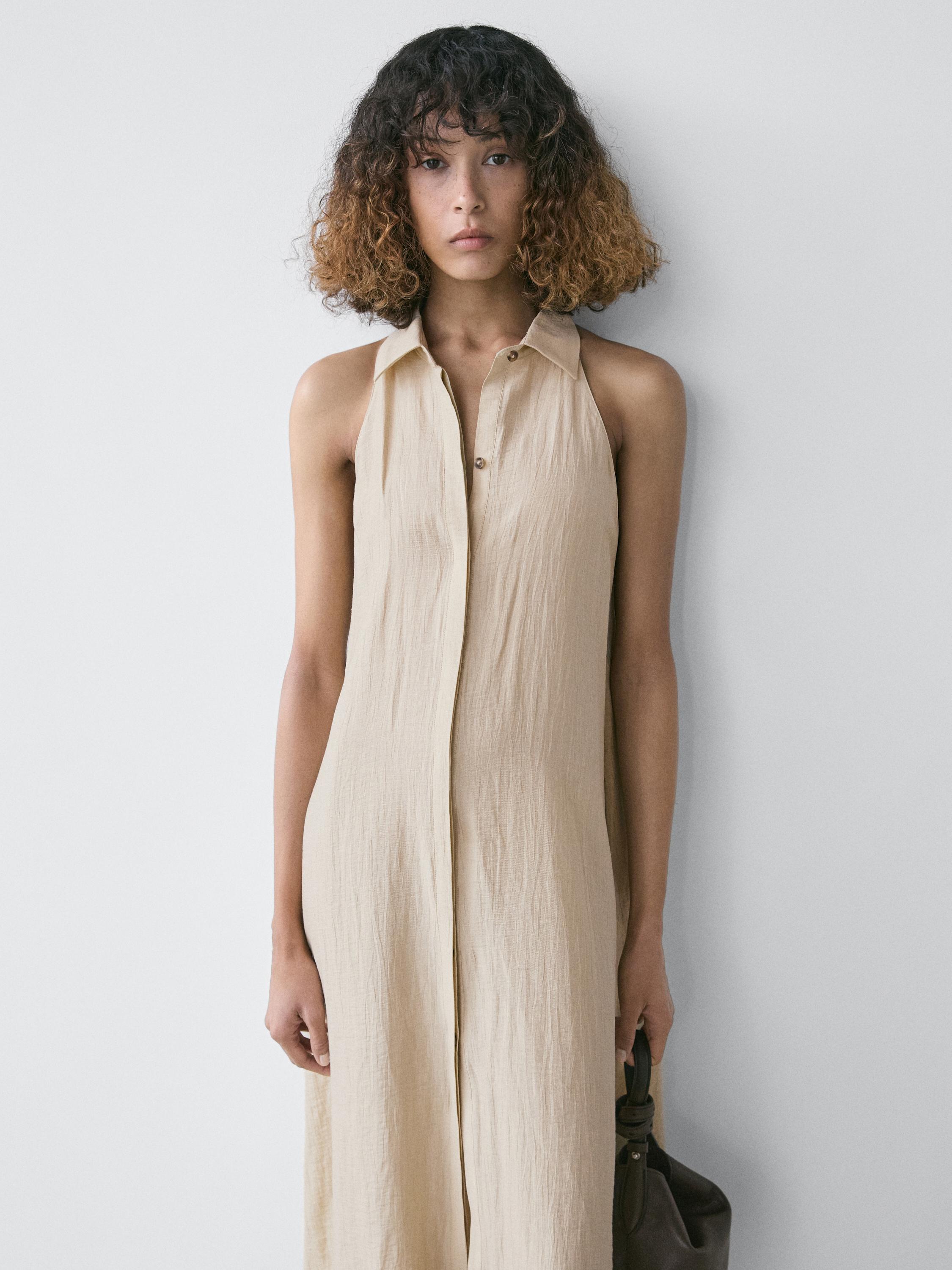 Linen blend polo collar midi dress — CREAM