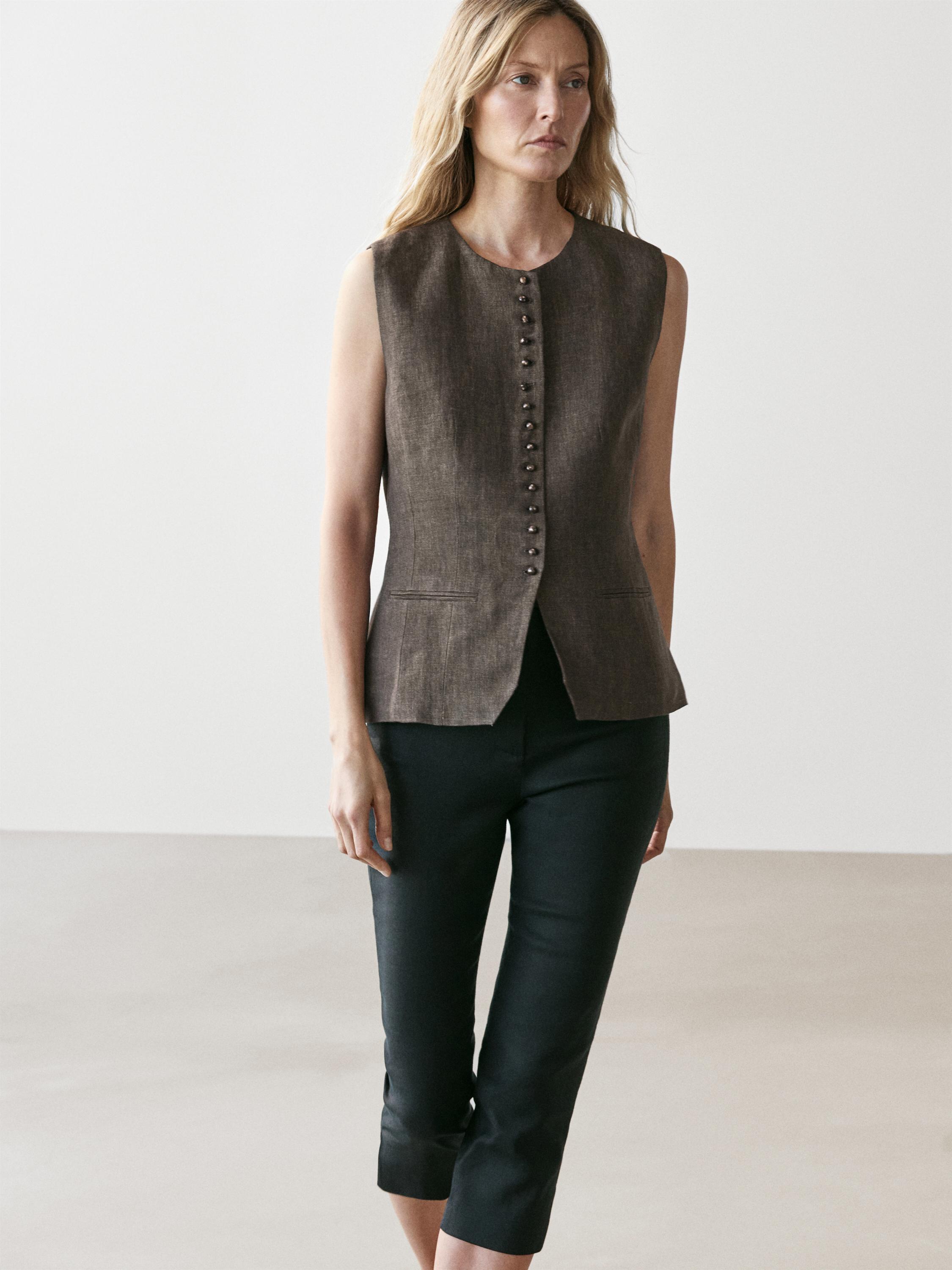 100% linen vest with button detail — Chocolate