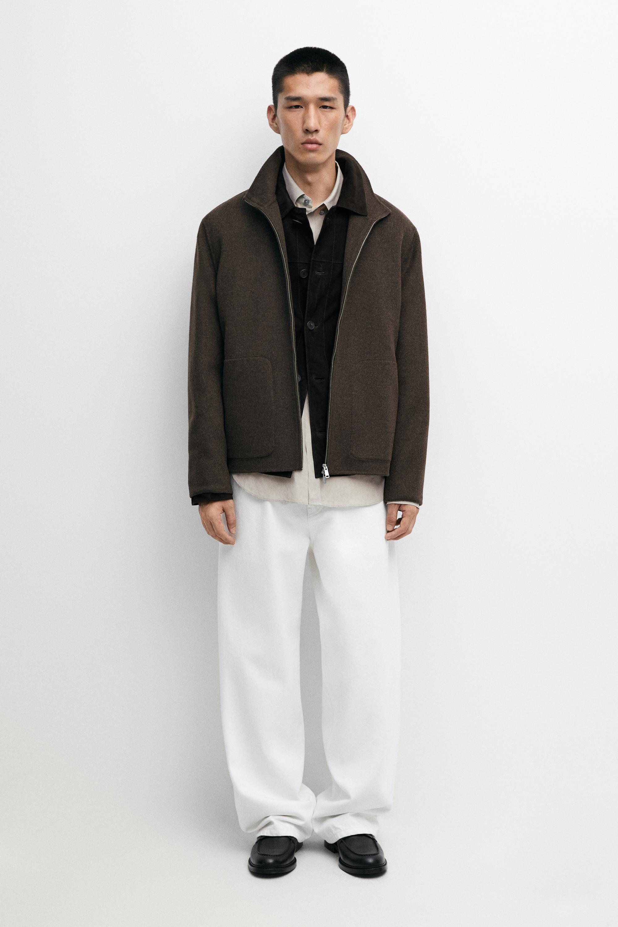 Wool blend double-fabric jacket with stand collar — BROWN