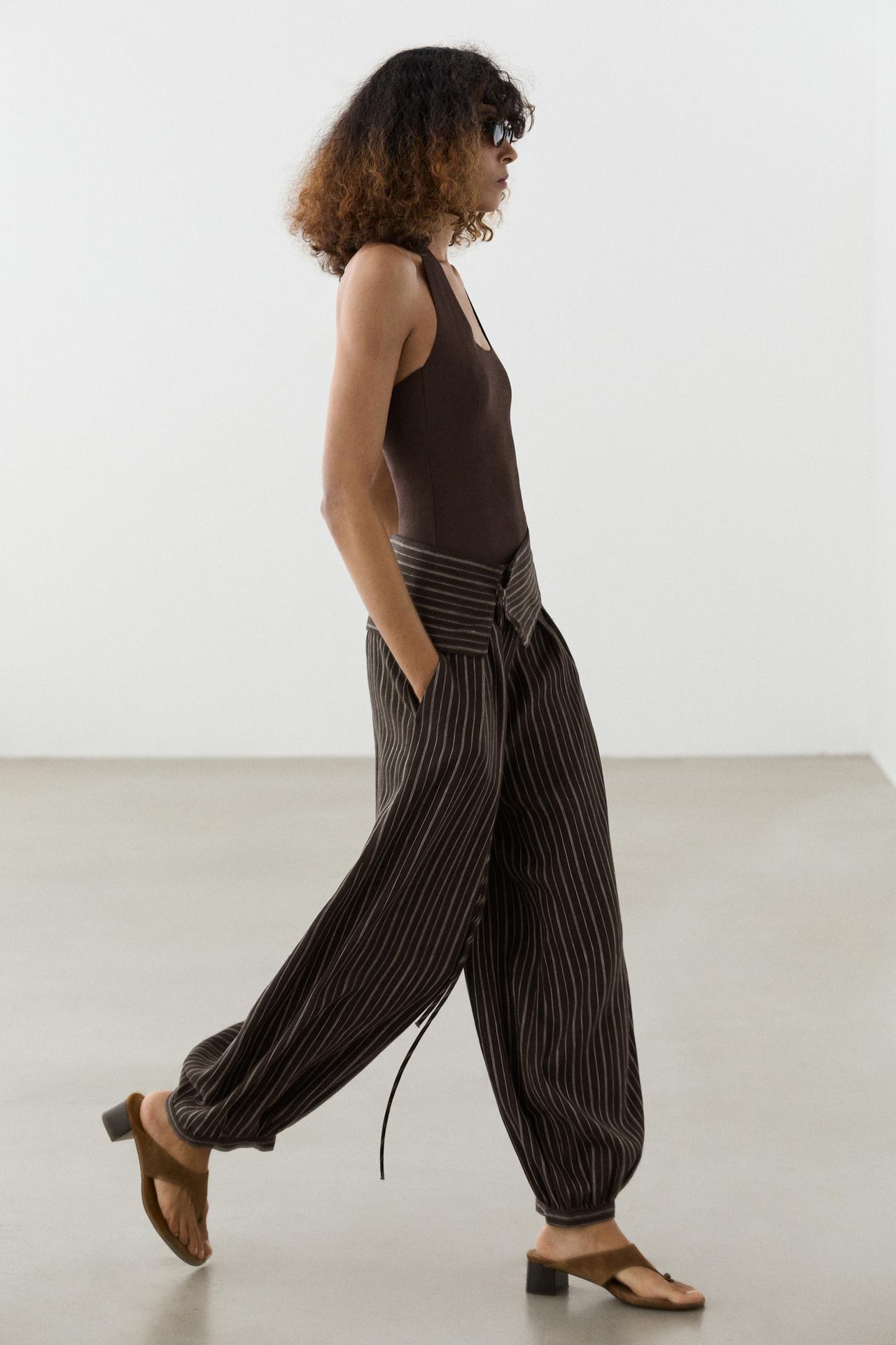 Striped sarouel trousers with cummerbund detail — BROWN