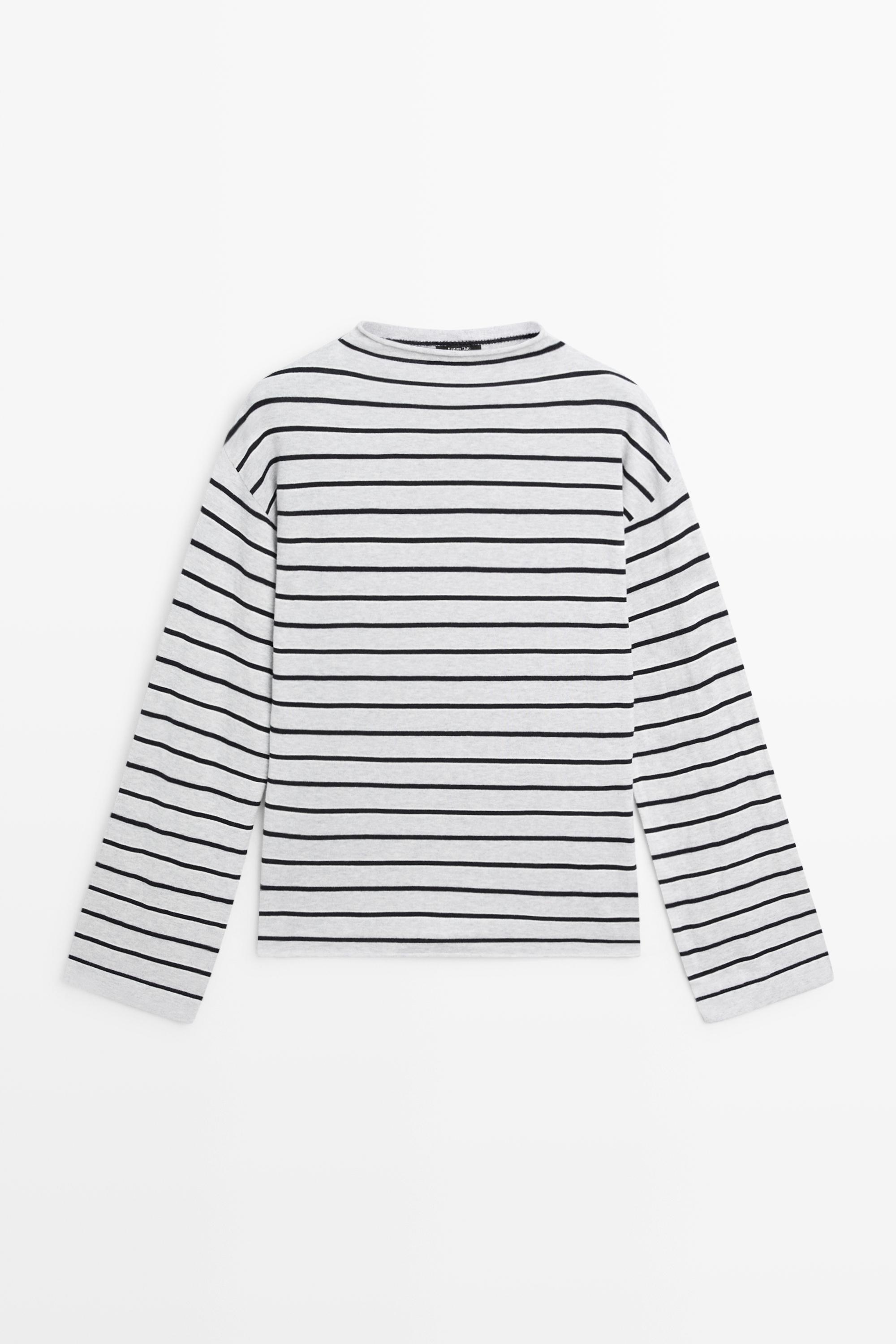 100% cotton striped knit sweater — GREY MARL