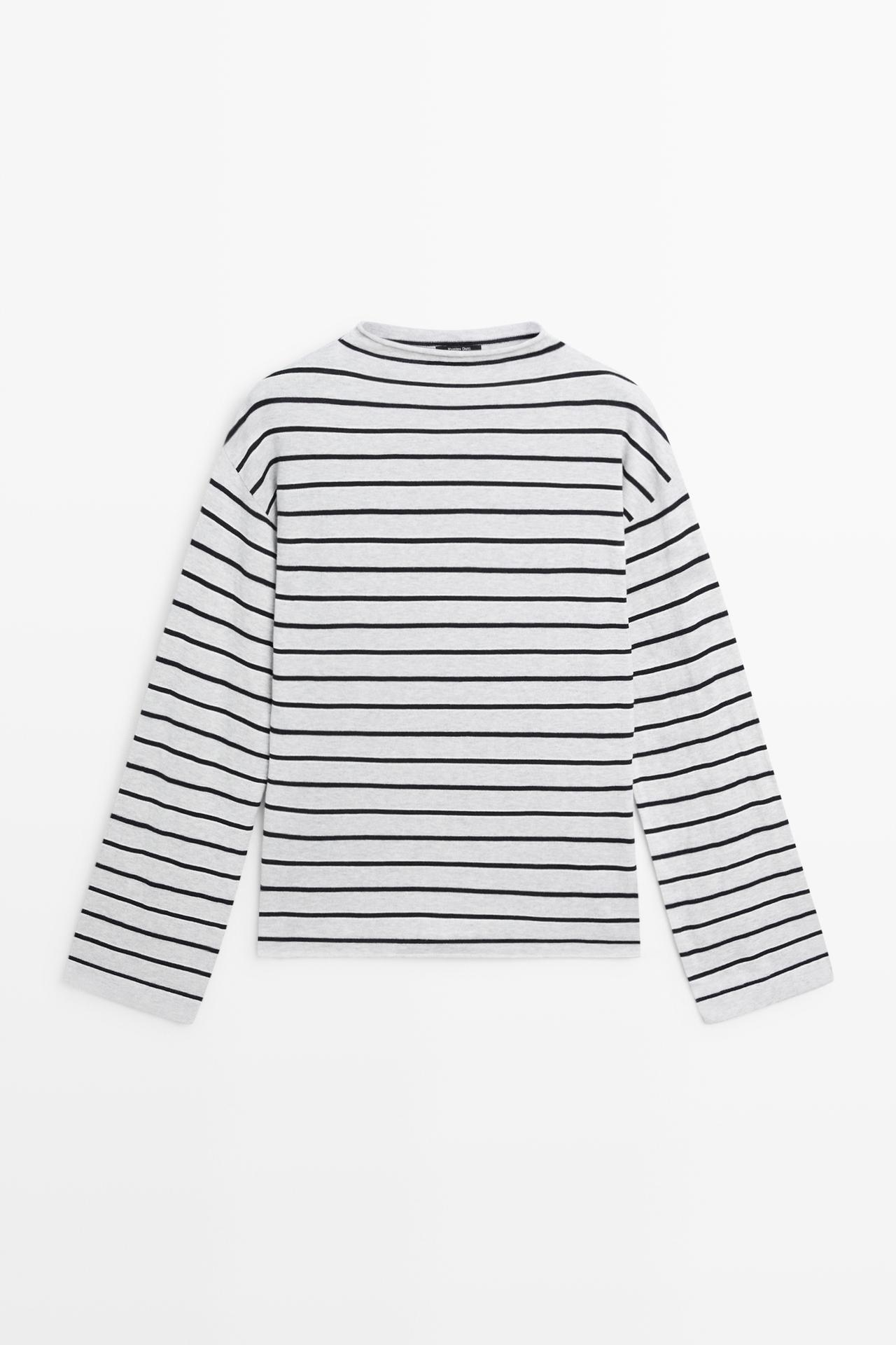 100% cotton striped knit sweater — GREY MARL