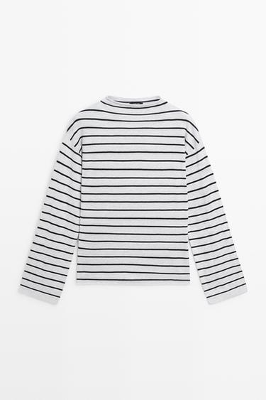 100% cotton striped knit sweater — GREY MARL 2