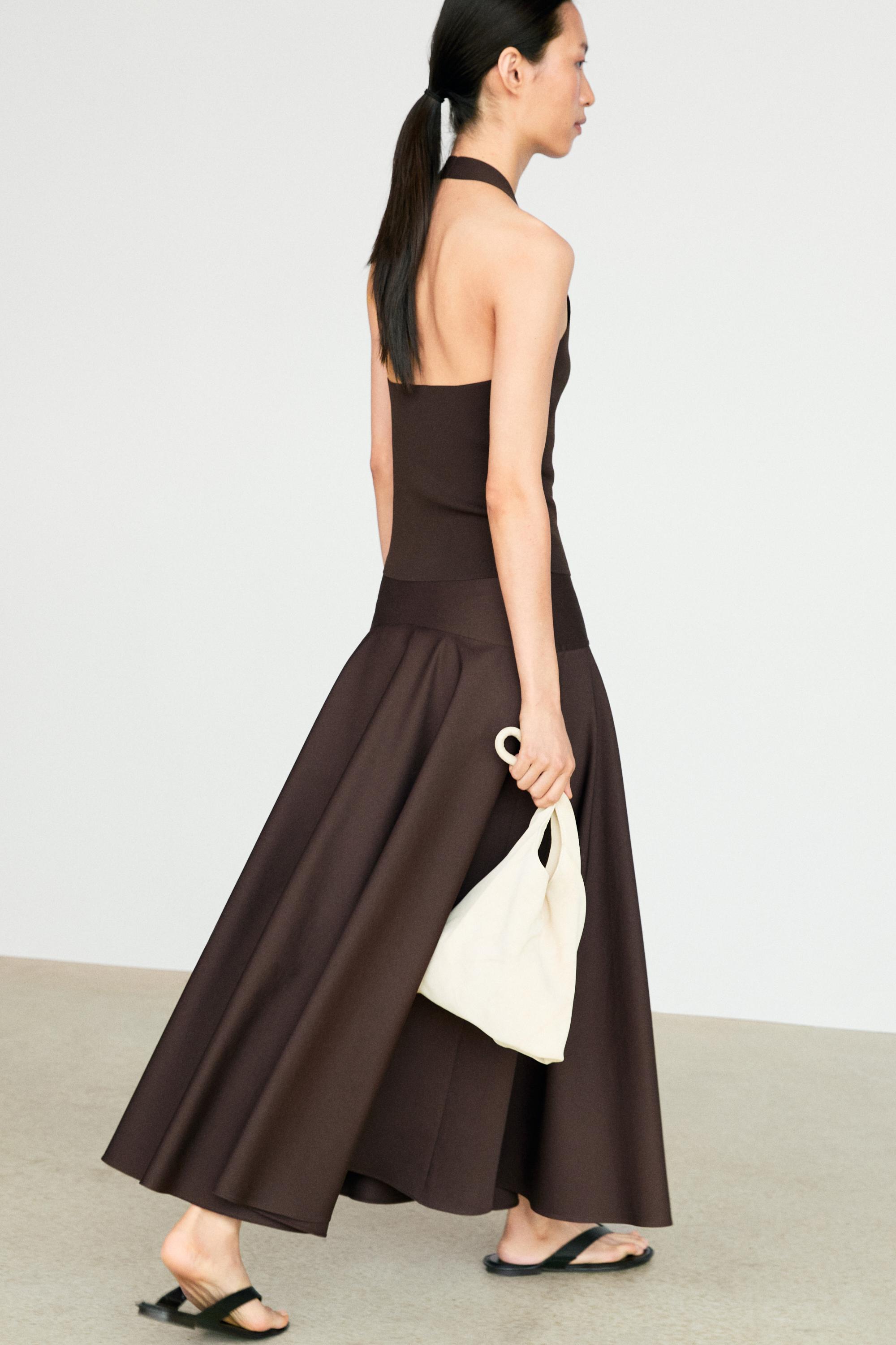 Flounce midi skirt with yoke detail — BROWN