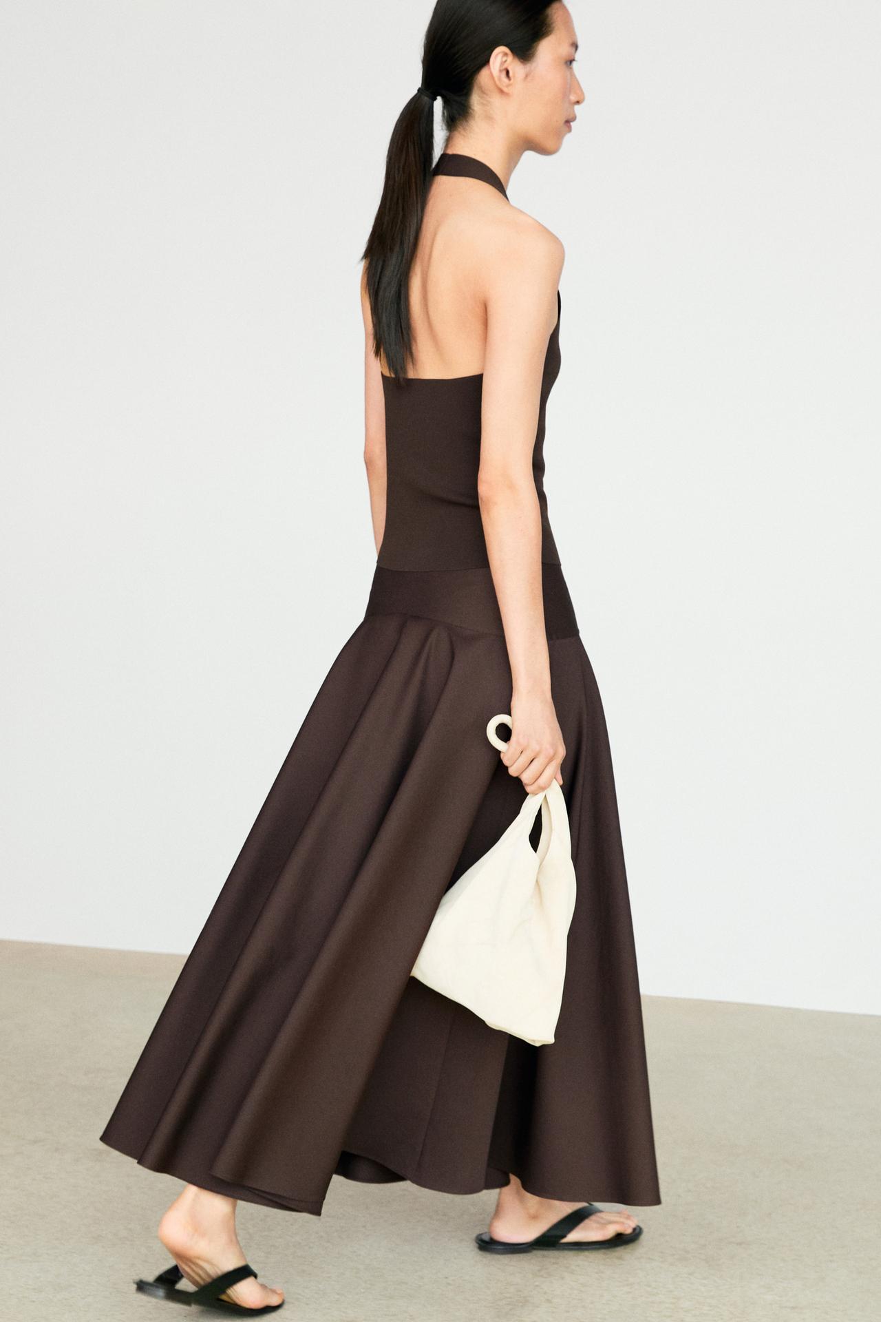 Flounce midi skirt with yoke detail — BROWN