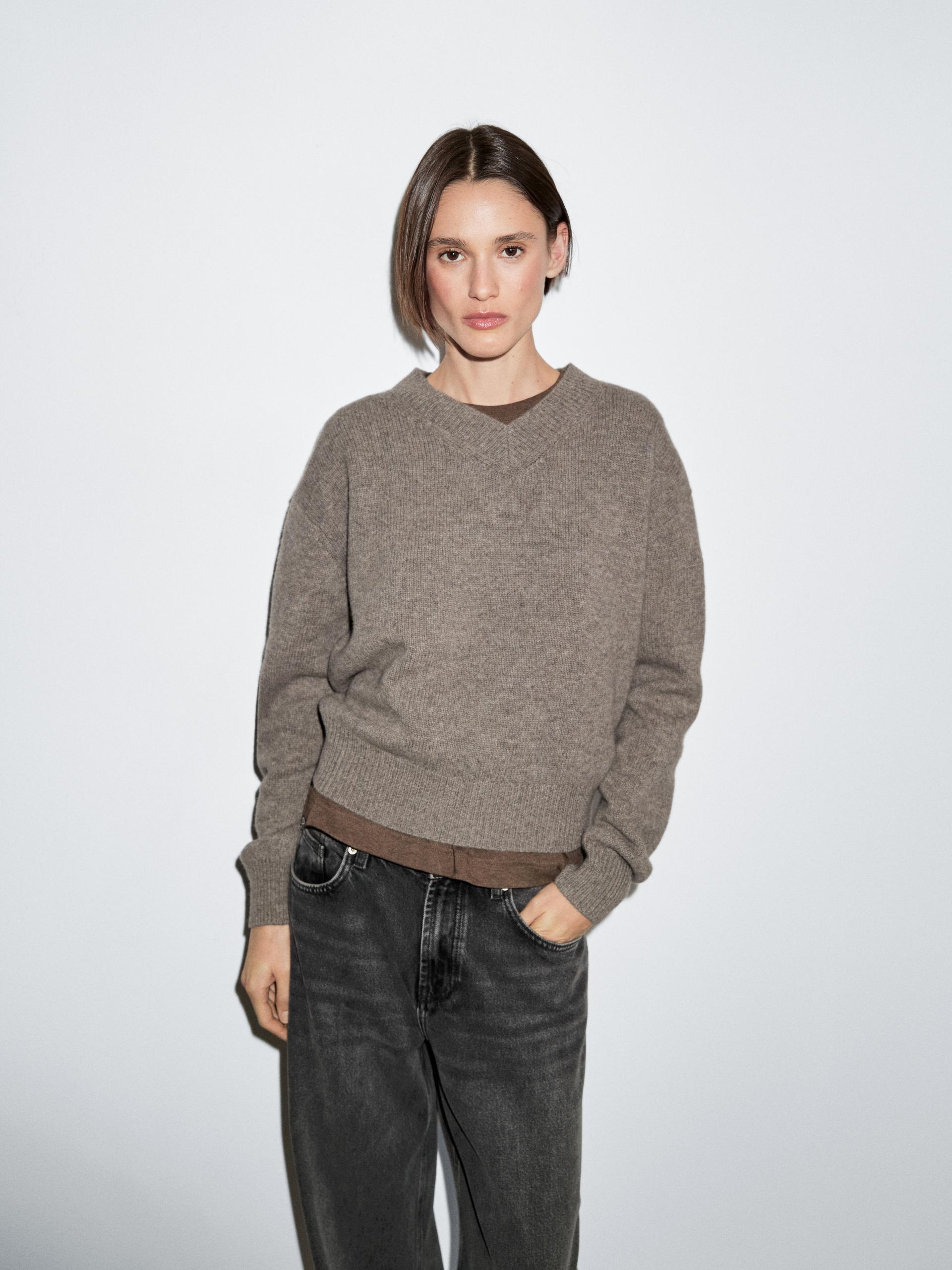 Jersey Punto Cuello Pico 100% Lana - Visón - Xs - Massimo Dutti - Mujer