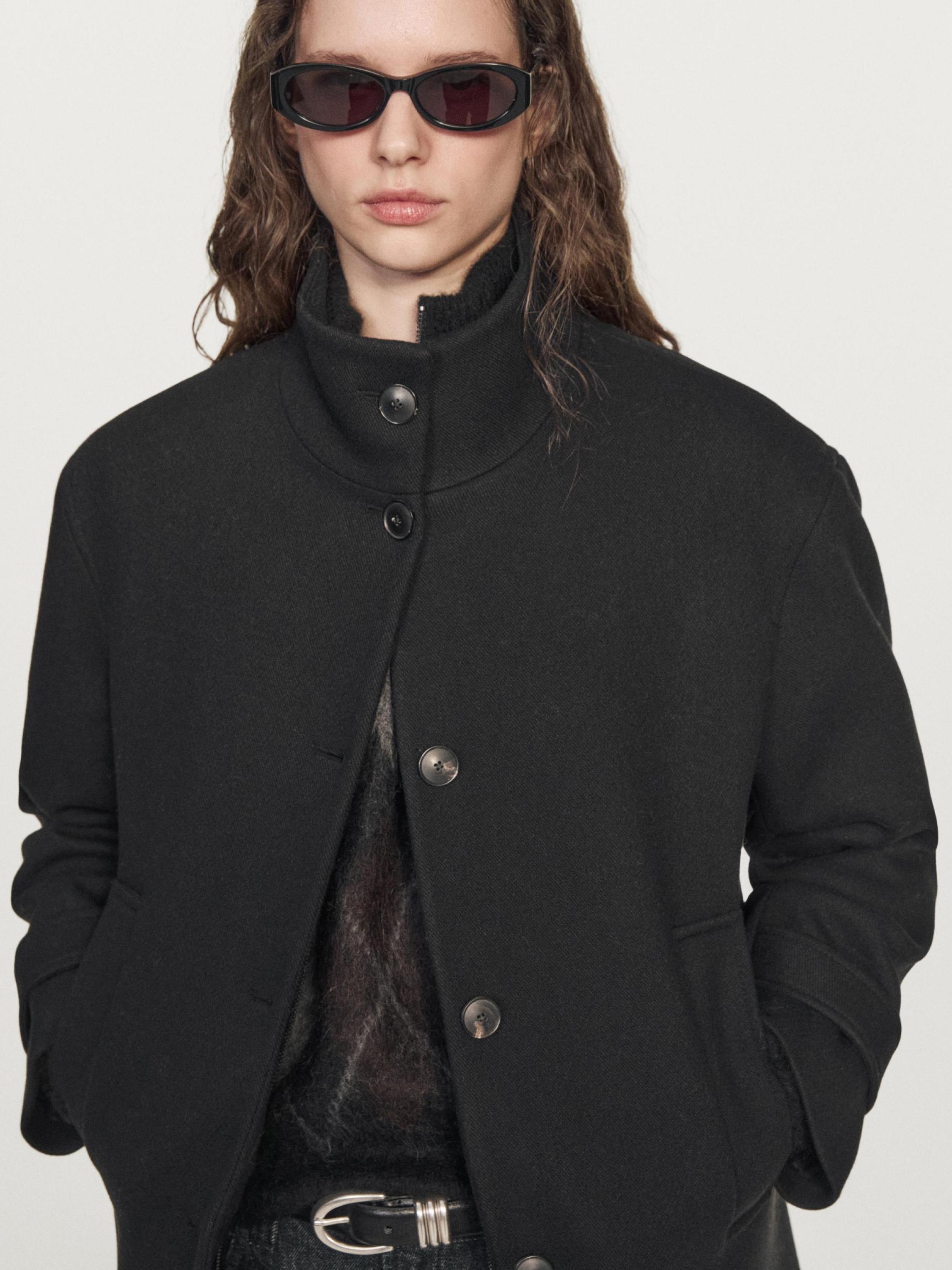 Wool blend high neck coat with button fastening — BLACK