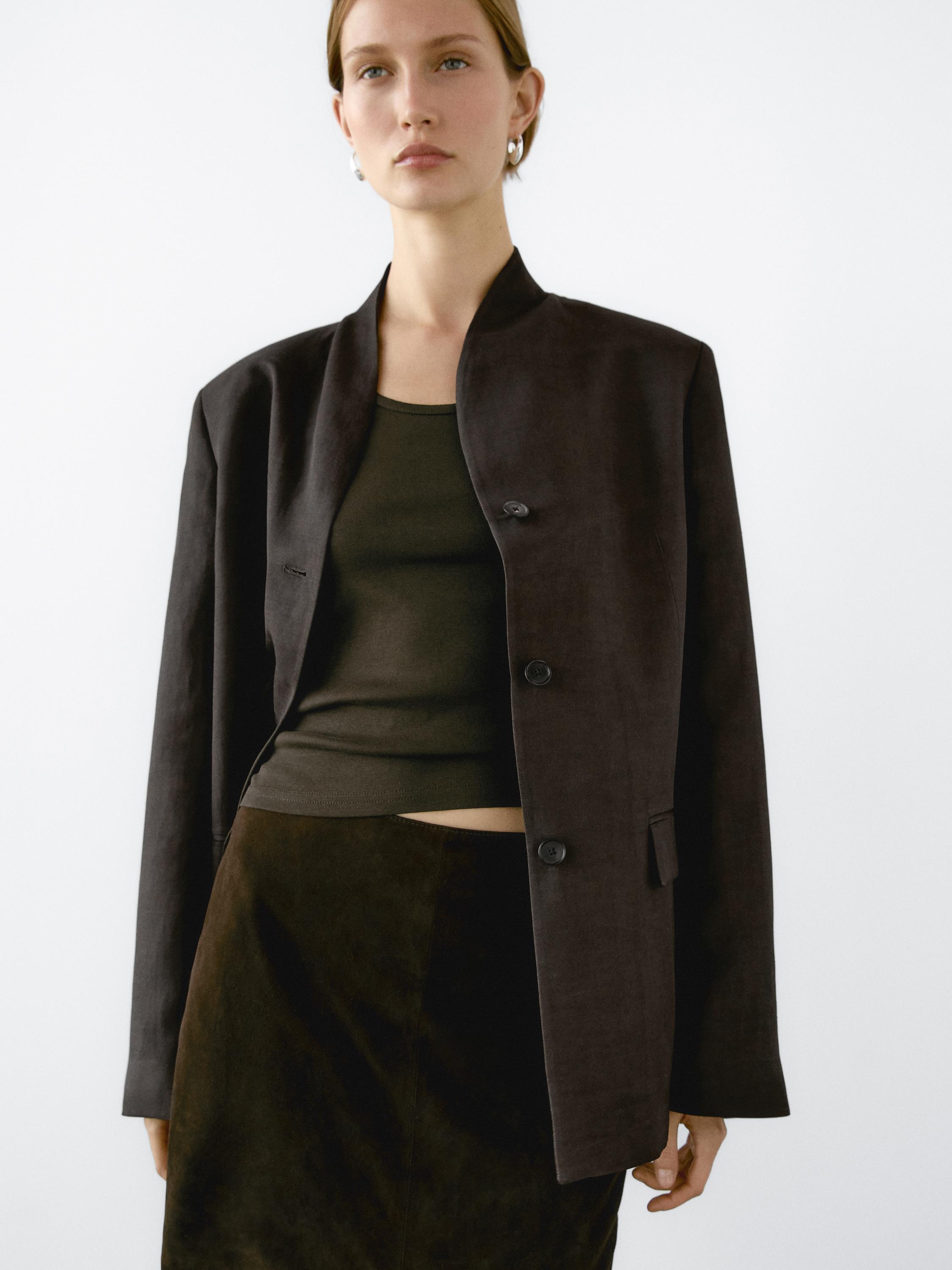 Linen blend high neck blazer