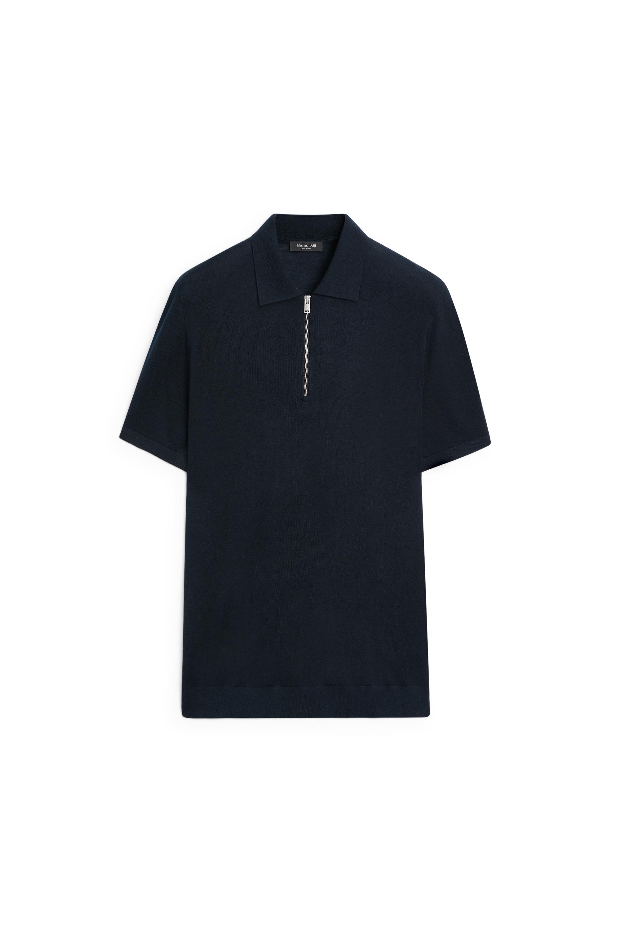 Wool blend zip-detail polo shirt — NAVY BLUE
