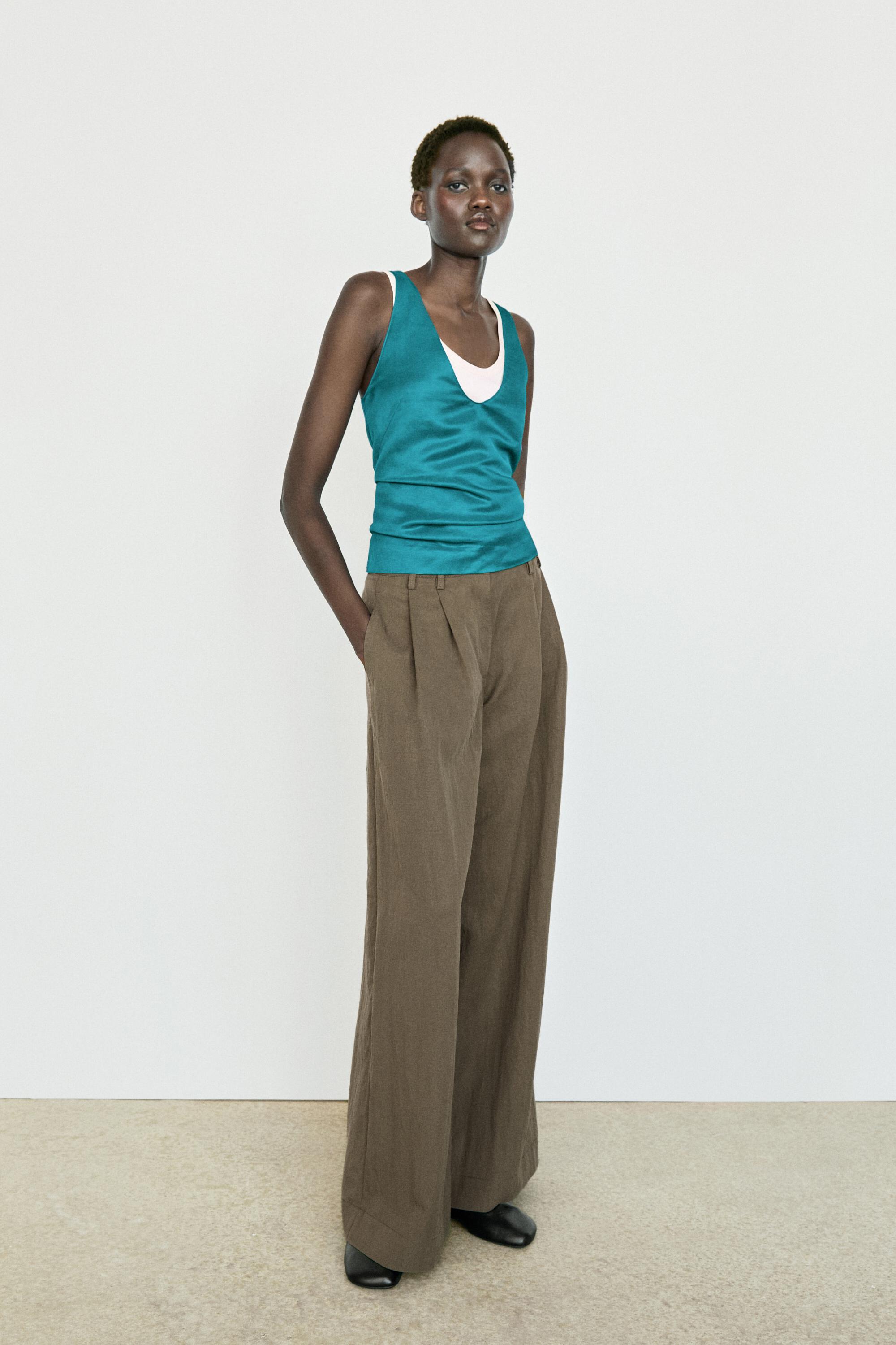 Satin linen blend V-neck top — TURQUOISE