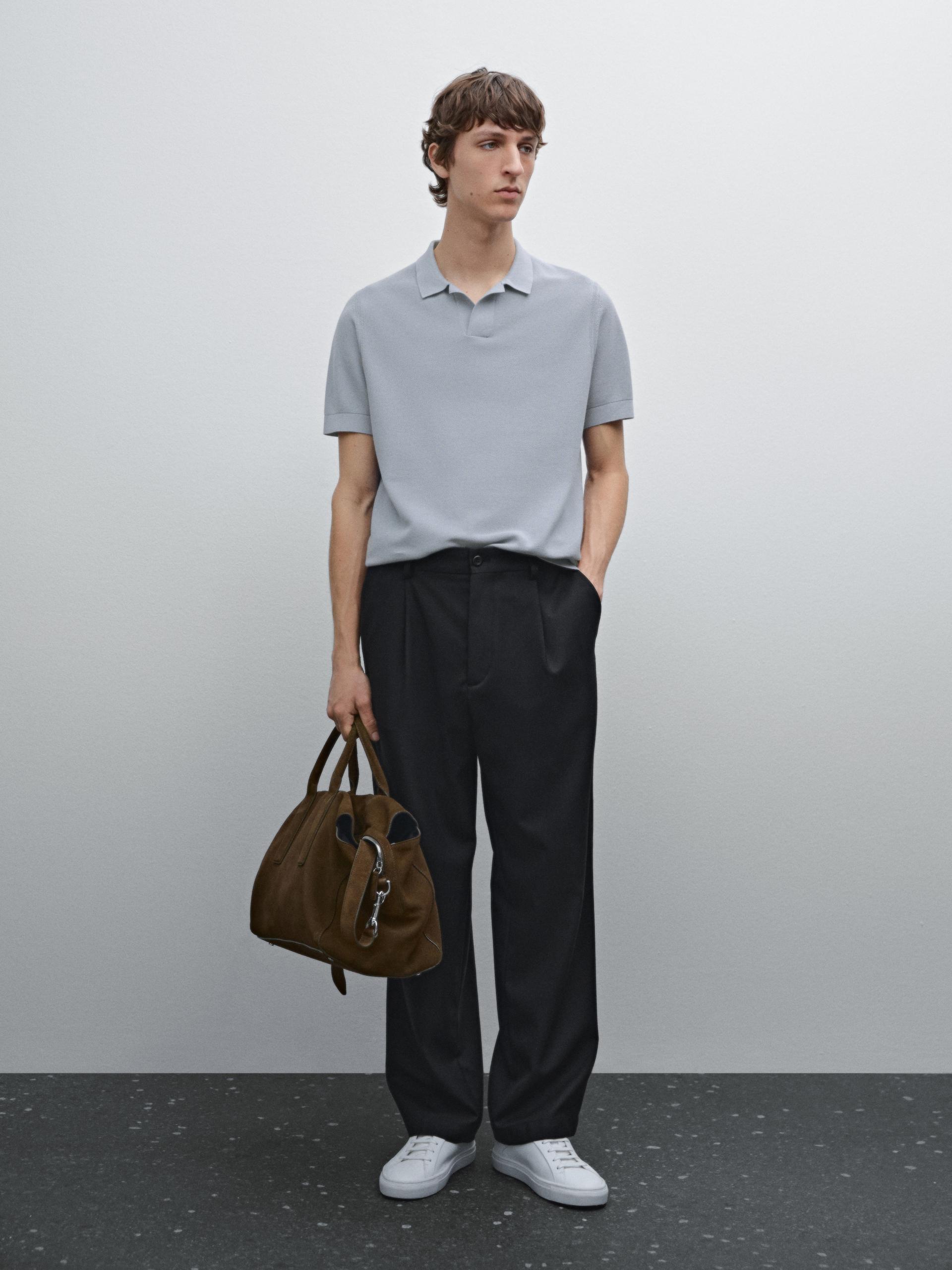 Dzianinowy Sweter Ze 100% Bawełny Z Kołnierzykiem Polo - Błękitny - L - Massimo Dutti - Mężczyzna
