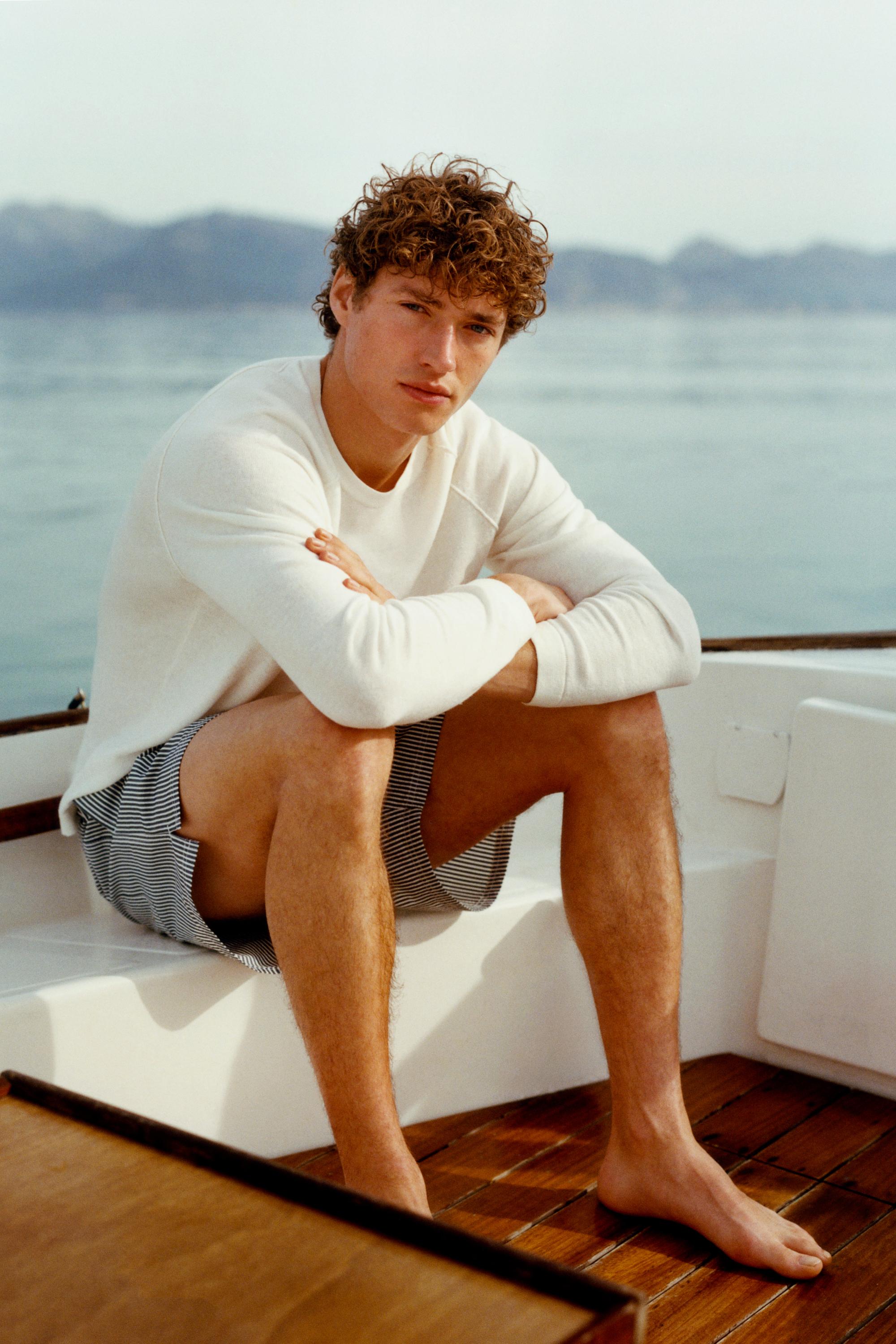 Swimming trunks with striped details — NAVY BLUE