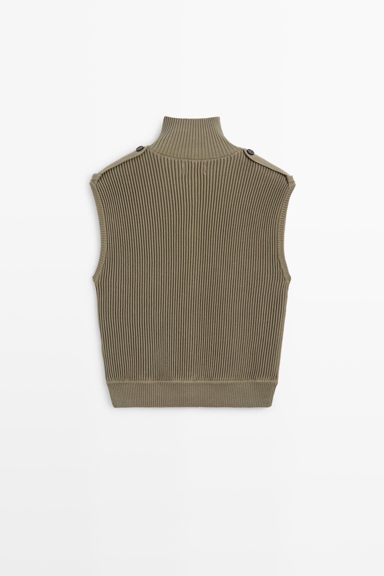 100% cotton high-neck knit vest — KHAKI