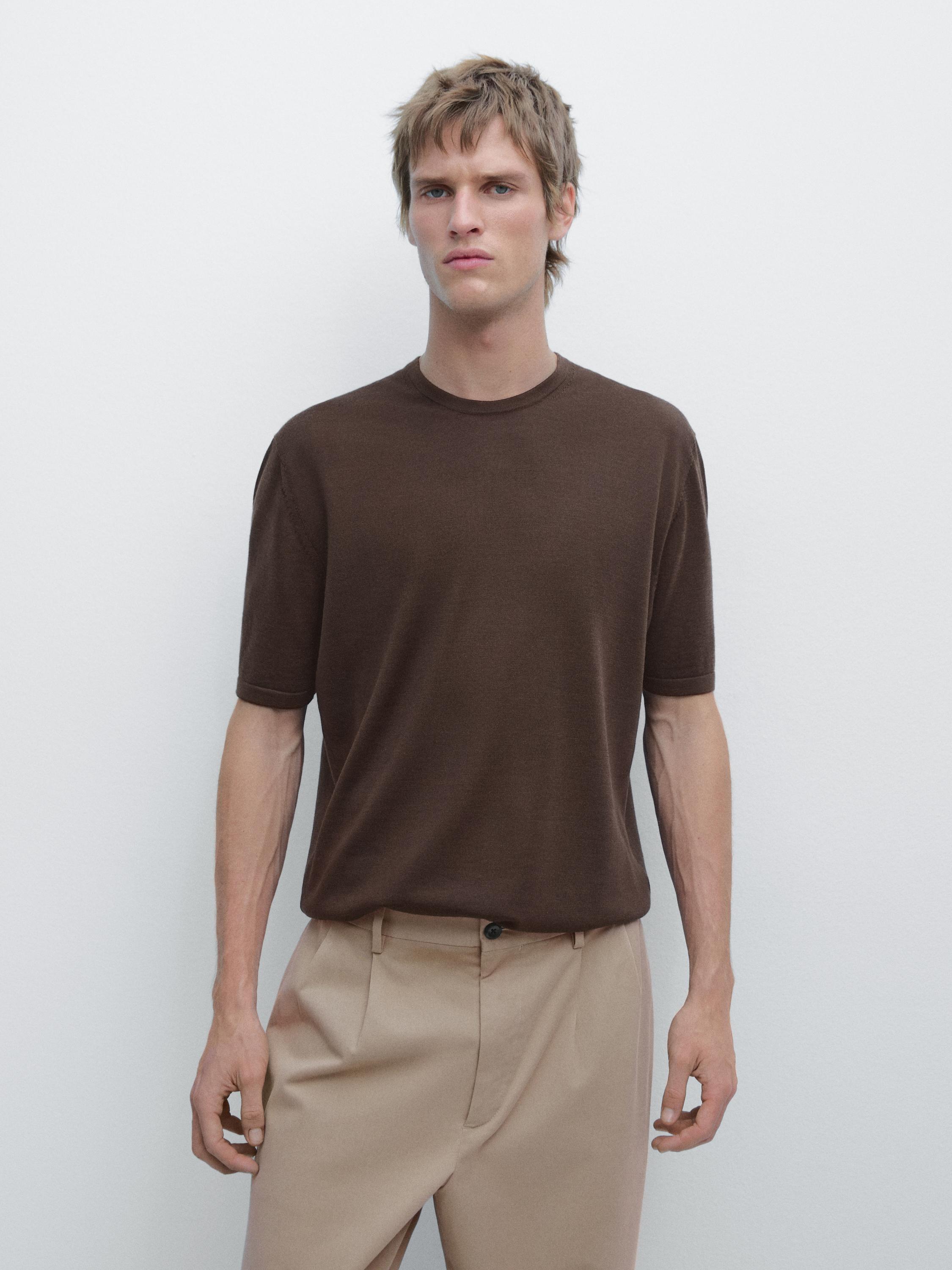 Wool-blend short-sleeve knit sweater — MOLE BROWN