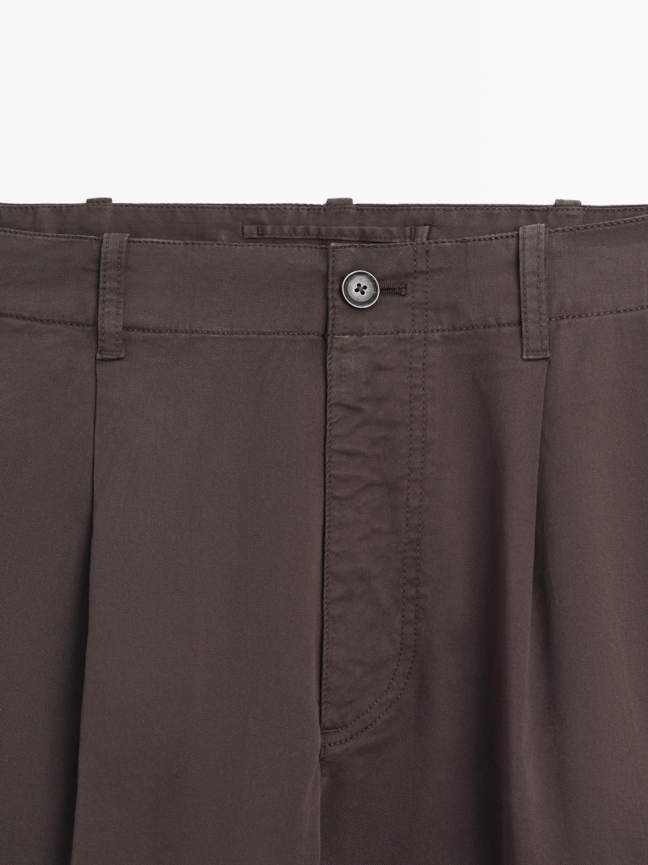 Cotton blend barrel fit trousers — BROWN