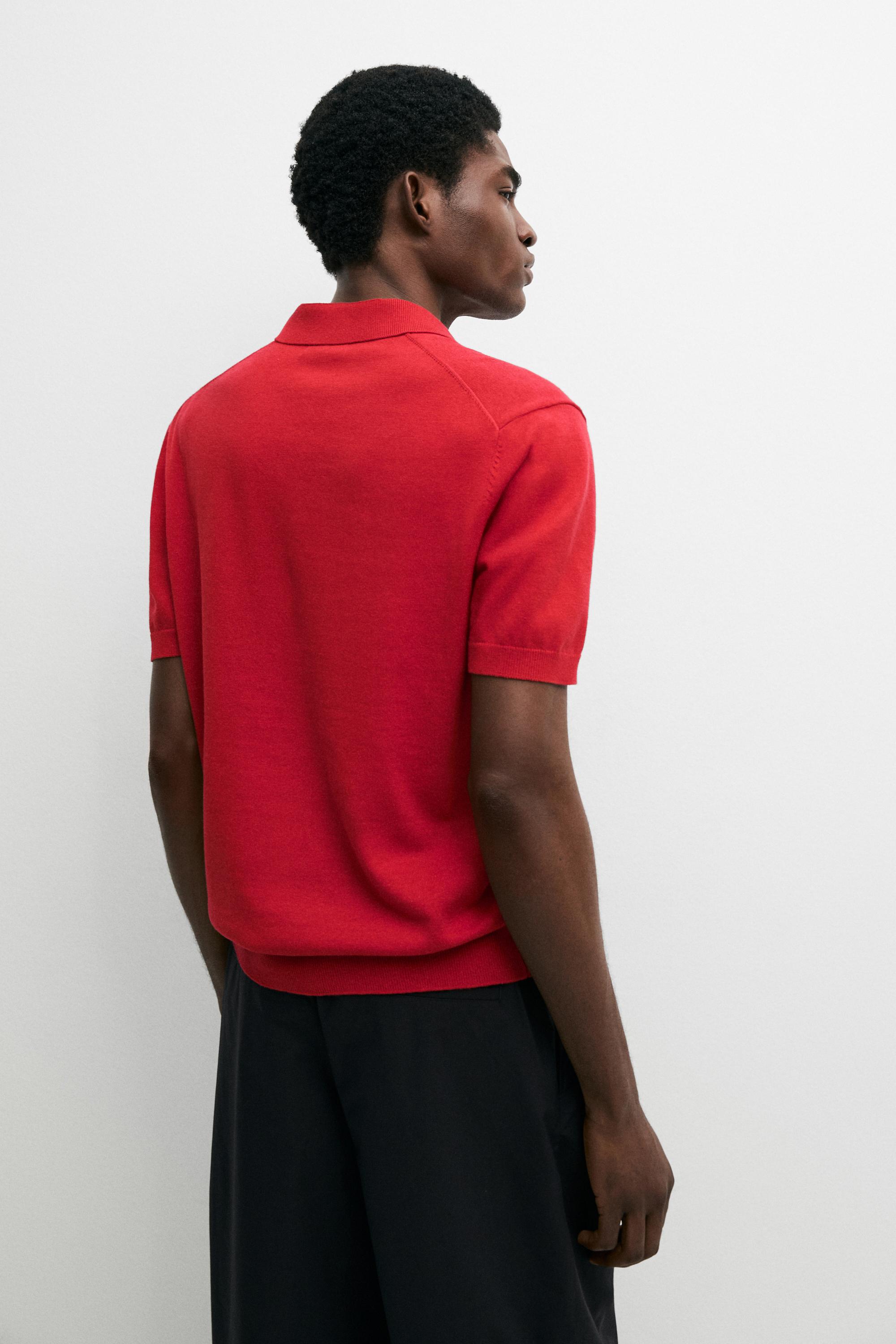 Cotton blend V-neck polo shirt — RED