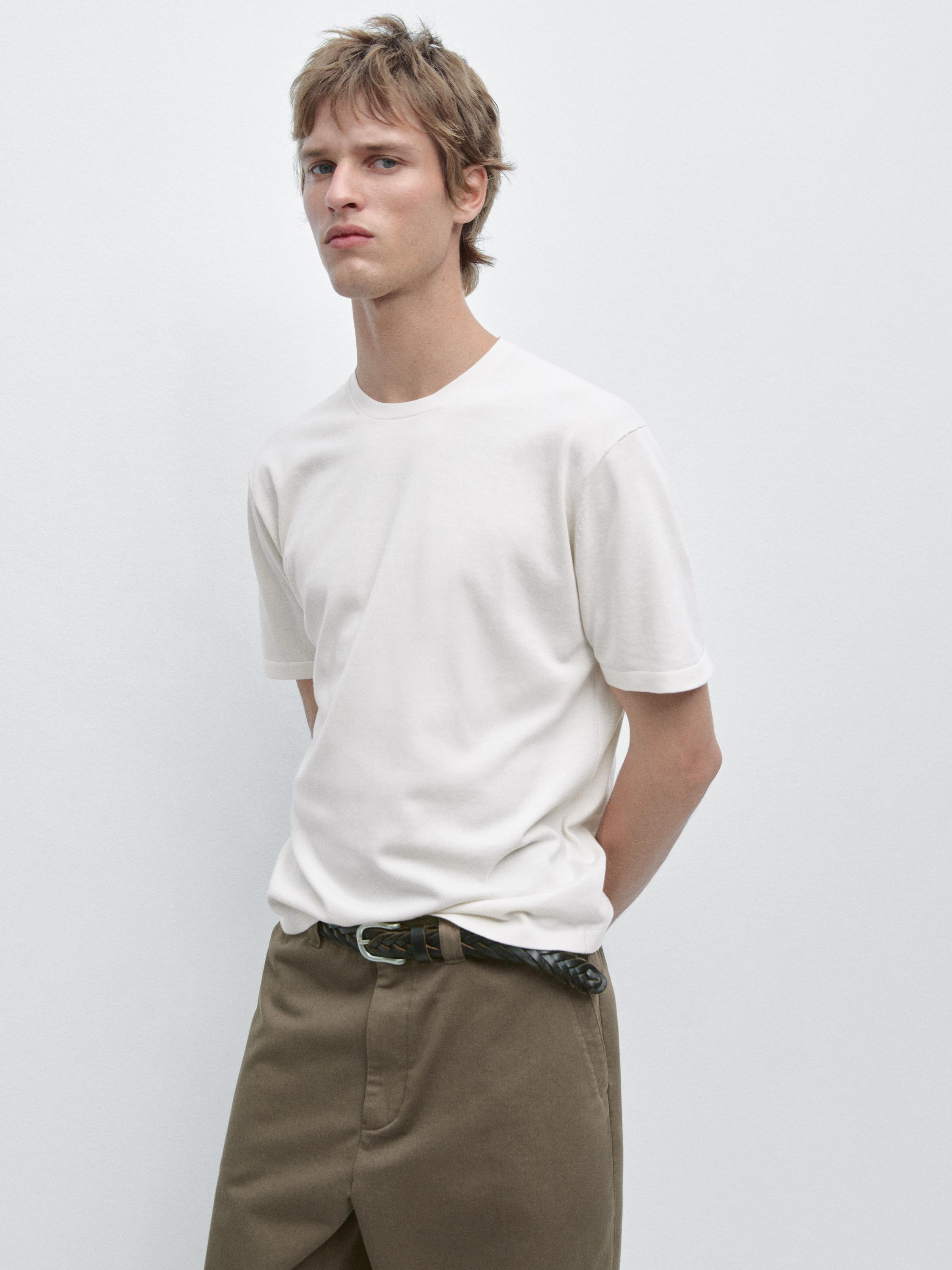 100% cotton short sleeve knit sweater — CREAM